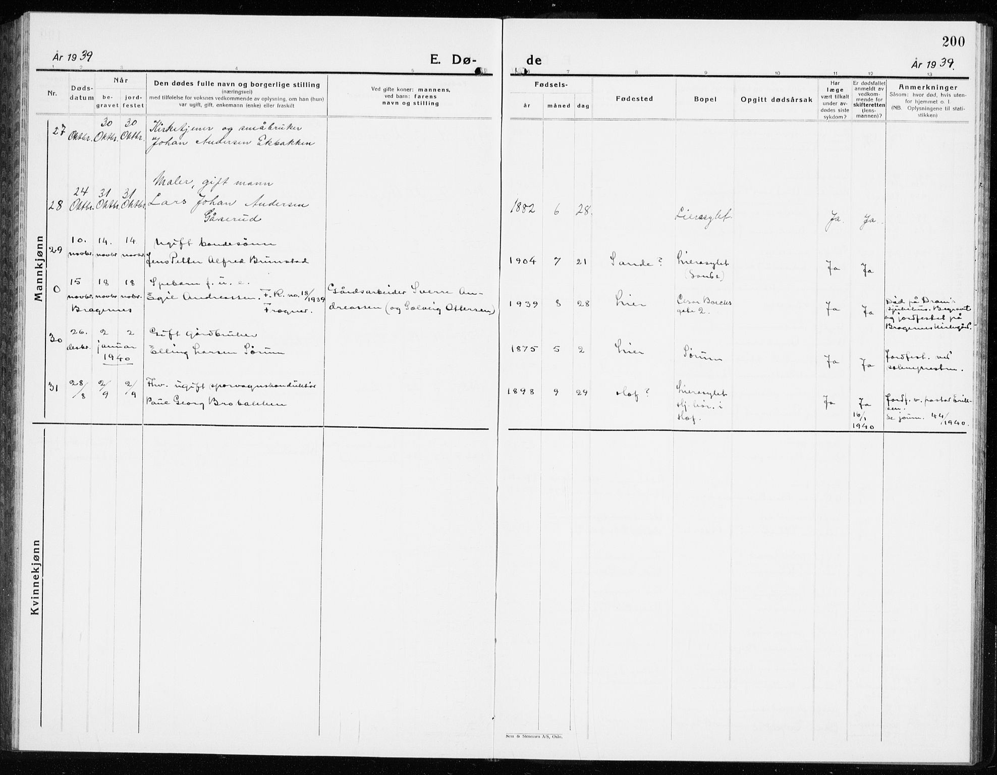 Lier kirkebøker, AV/SAKO-A-230/G/Gb/L0005: Klokkerbok nr. II 5, 1932-1942, s. 200