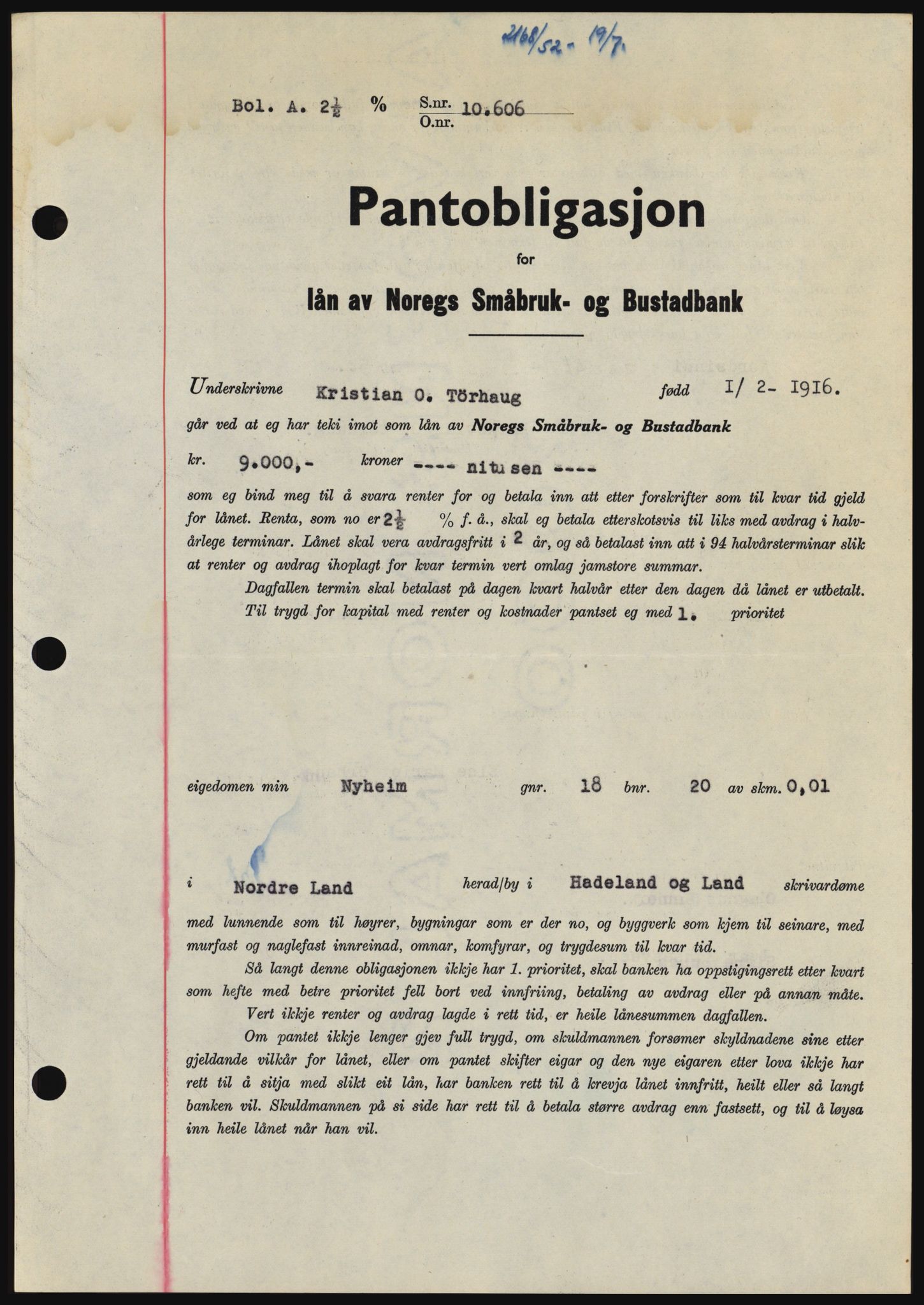 Hadeland og Land tingrett, SAH/TING-010/H/Hb/Hbc/L0024: Pantebok nr. B24, 1952-1952, Dagboknr: 2168/1952