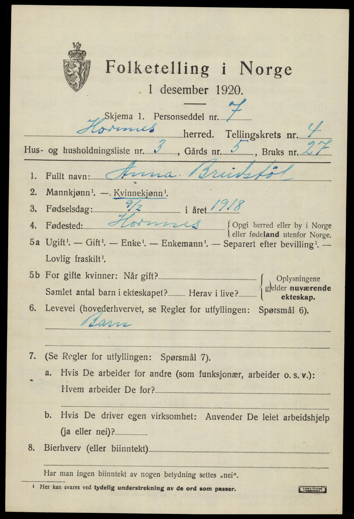 SAK, Folketelling 1920 for 0936 Hornnes herred, 1920, s. 1169