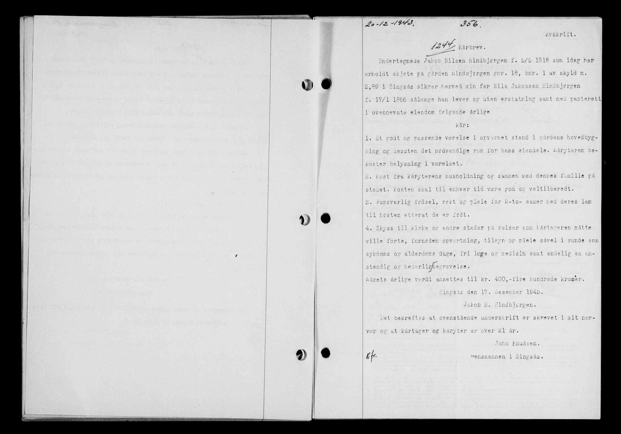 Gauldal sorenskriveri, SAT/A-0014/1/2/2C/L0057: Pantebok nr. 62, 1943-1944, Dagboknr: 1244/1943