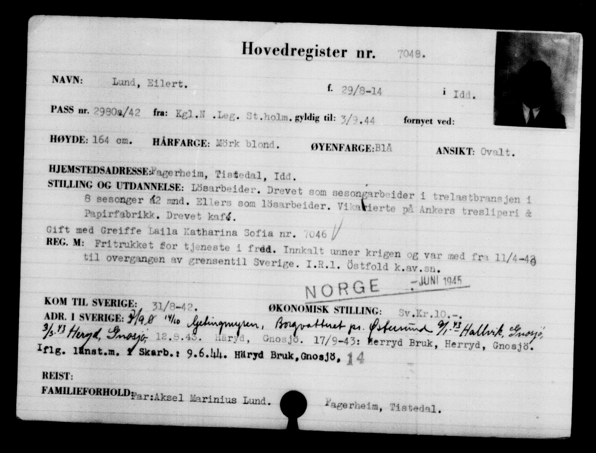 Utenriksstasjonene, Legasjonen i Stockholm, Flyktningkontoret, AV/RA-S-6753/V/Va/L0005: Kjesäterkartoteket, flyktning nr. 6600-9417, 1940-1945, s. 540