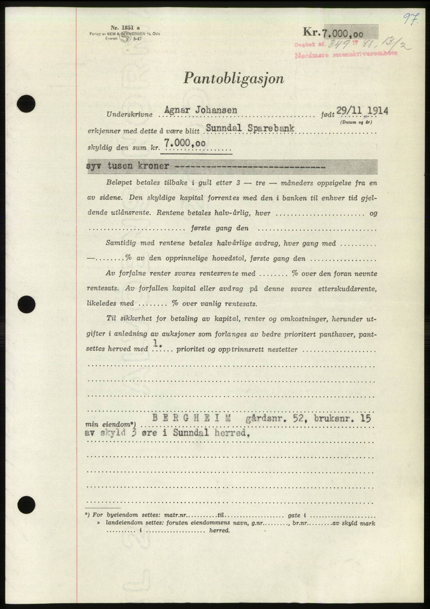 Nordmøre sorenskriveri, SAT/A-4132/1/2/2Ca: Pantebok nr. B98, 1948-1948, Dagboknr: 349/1948