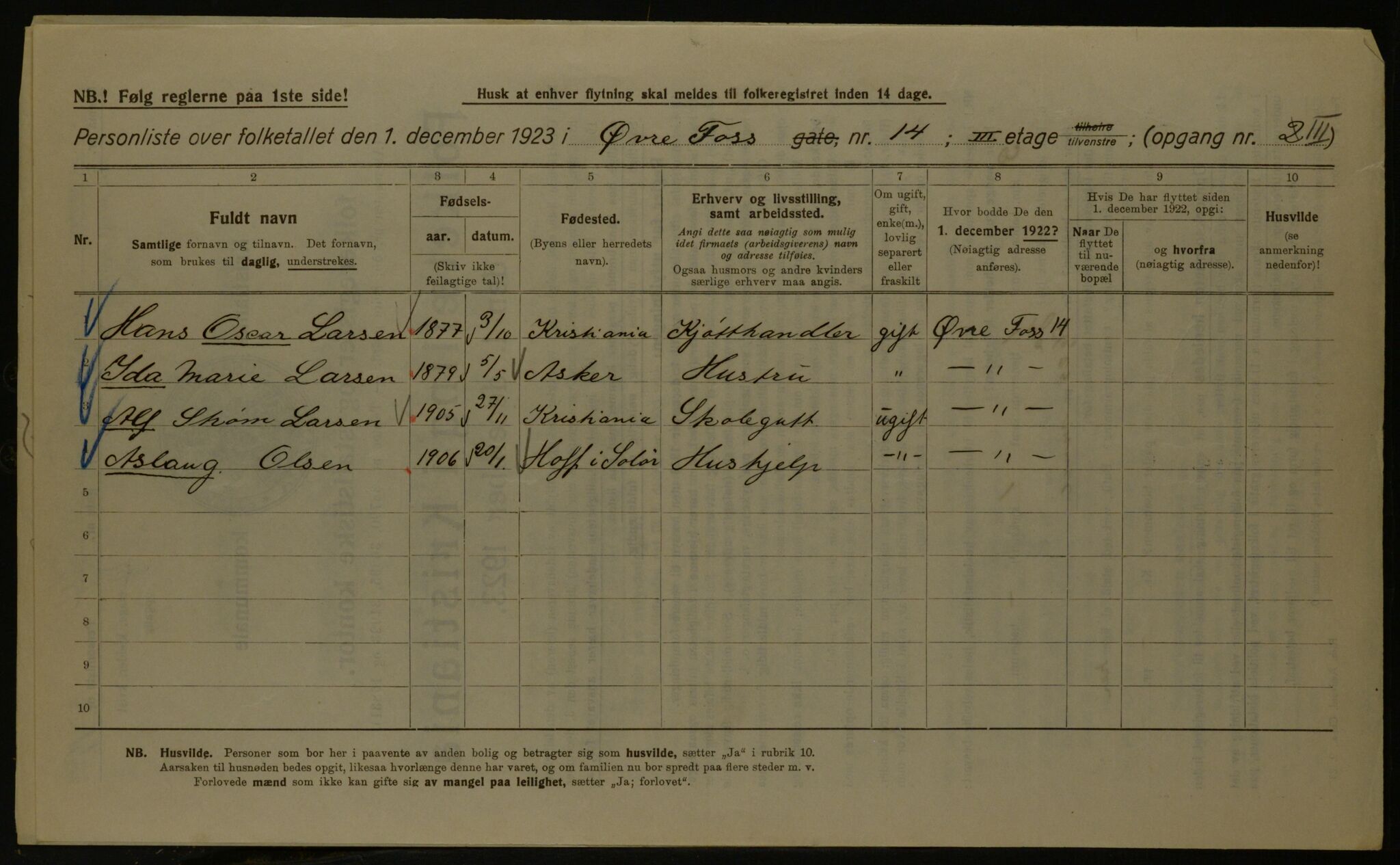 OBA, Kommunal folketelling 1.12.1923 for Kristiania, 1923, s. 143029