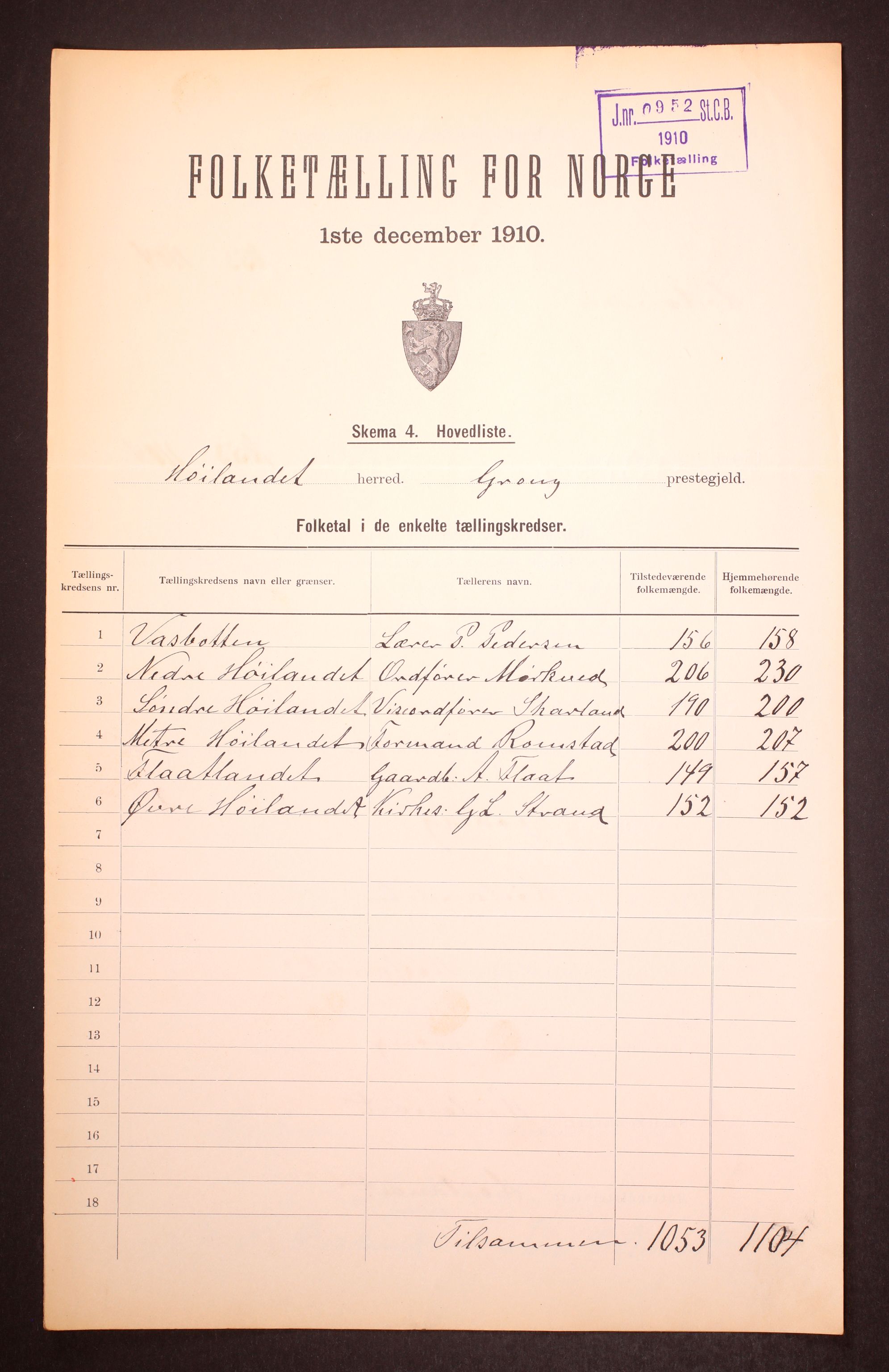 RA, Folketelling 1910 for 1743 Høylandet herred, 1910, s. 4