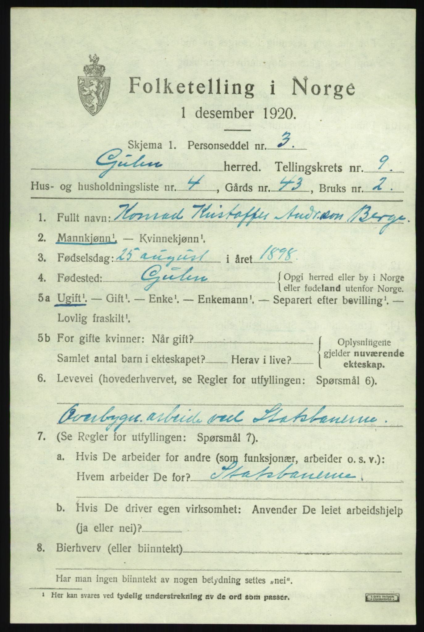 SAB, Folketelling 1920 for 1411 Gulen herred, 1920, s. 3909