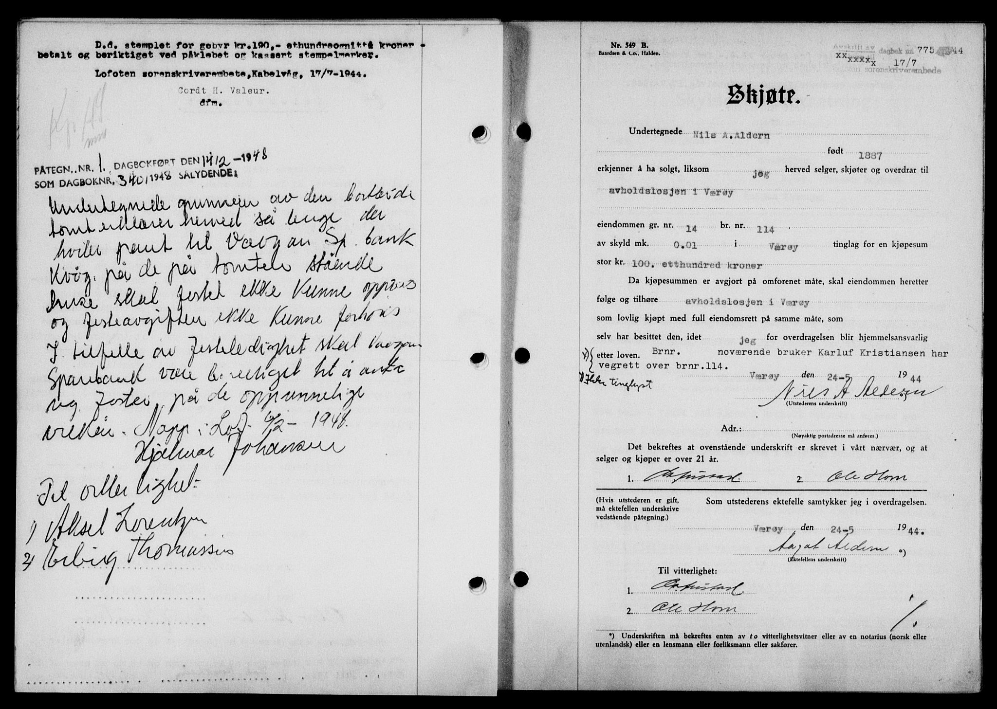 Lofoten sorenskriveri, SAT/A-0017/1/2/2C/L0012a: Pantebok nr. 12a, 1943-1944, Dagboknr: 775/1944