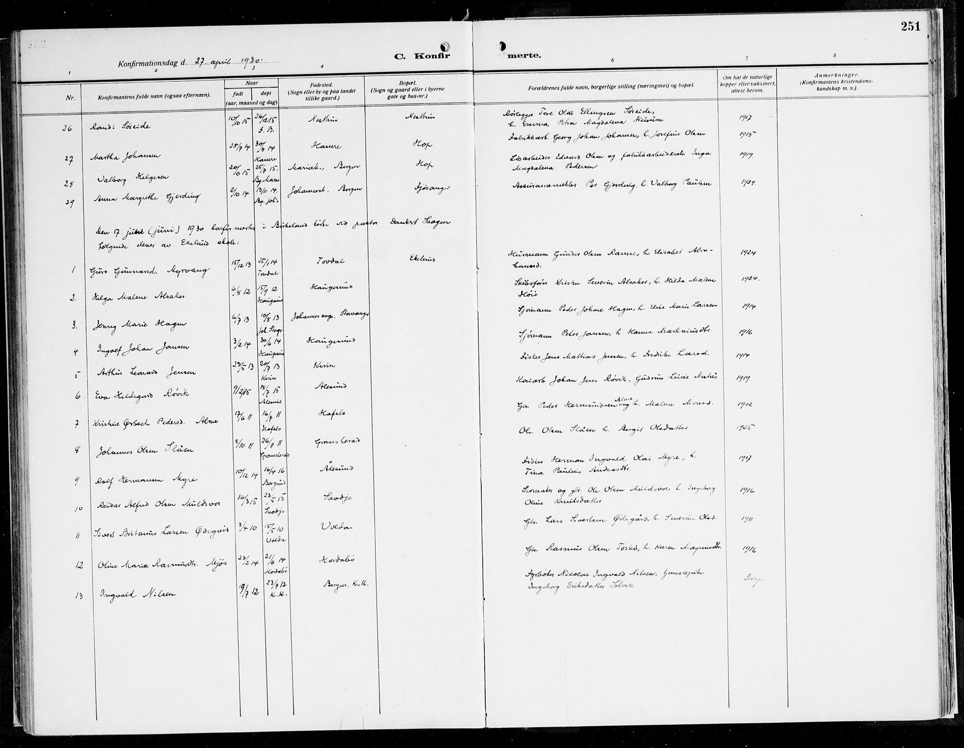 Fana Sokneprestembete, AV/SAB-A-75101/H/Haa/Haaj/L0001: Ministerialbok nr. J 1, 1921-1935, s. 251