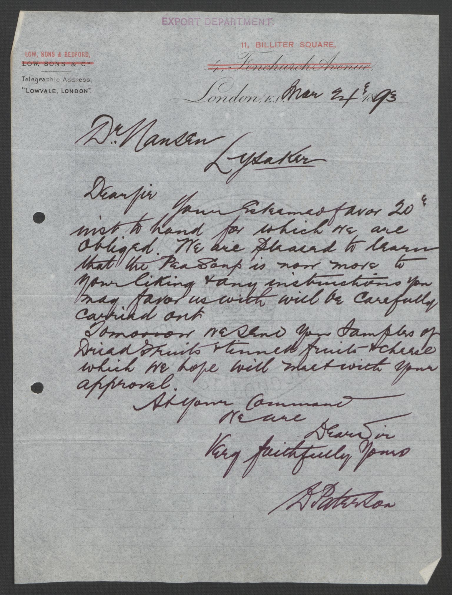 Arbeidskomitéen for Fridtjof Nansens polarekspedisjon, AV/RA-PA-0061/D/L0004: Innk. brev og telegrammer vedr. proviant og utrustning, 1892-1893, s. 743