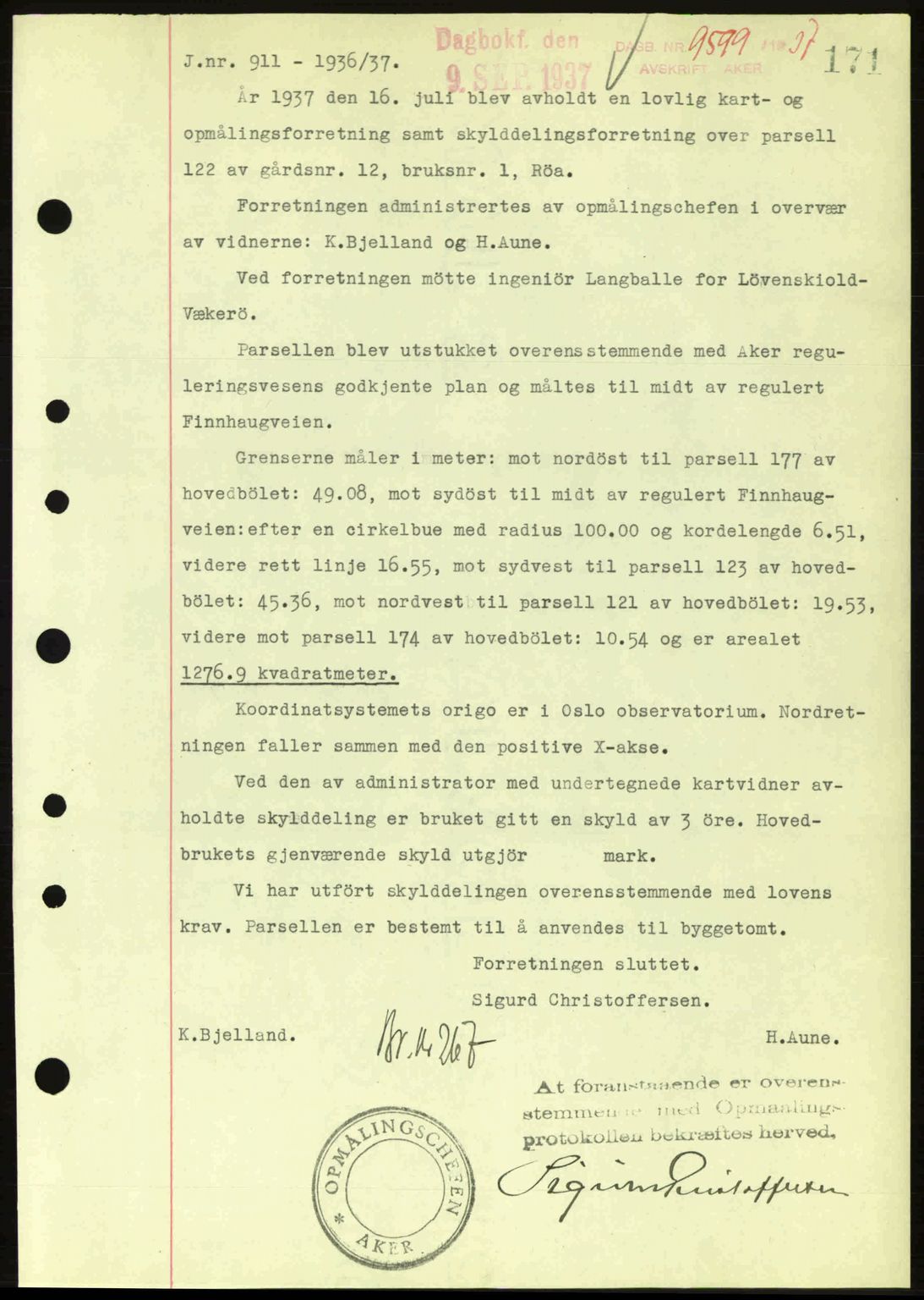 Aker herredsskriveri, SAO/A-10896/G/Gb/Gba/Gbab/L0017: Pantebok nr. A148, 1937-1937, Dagboknr: 9599/1937