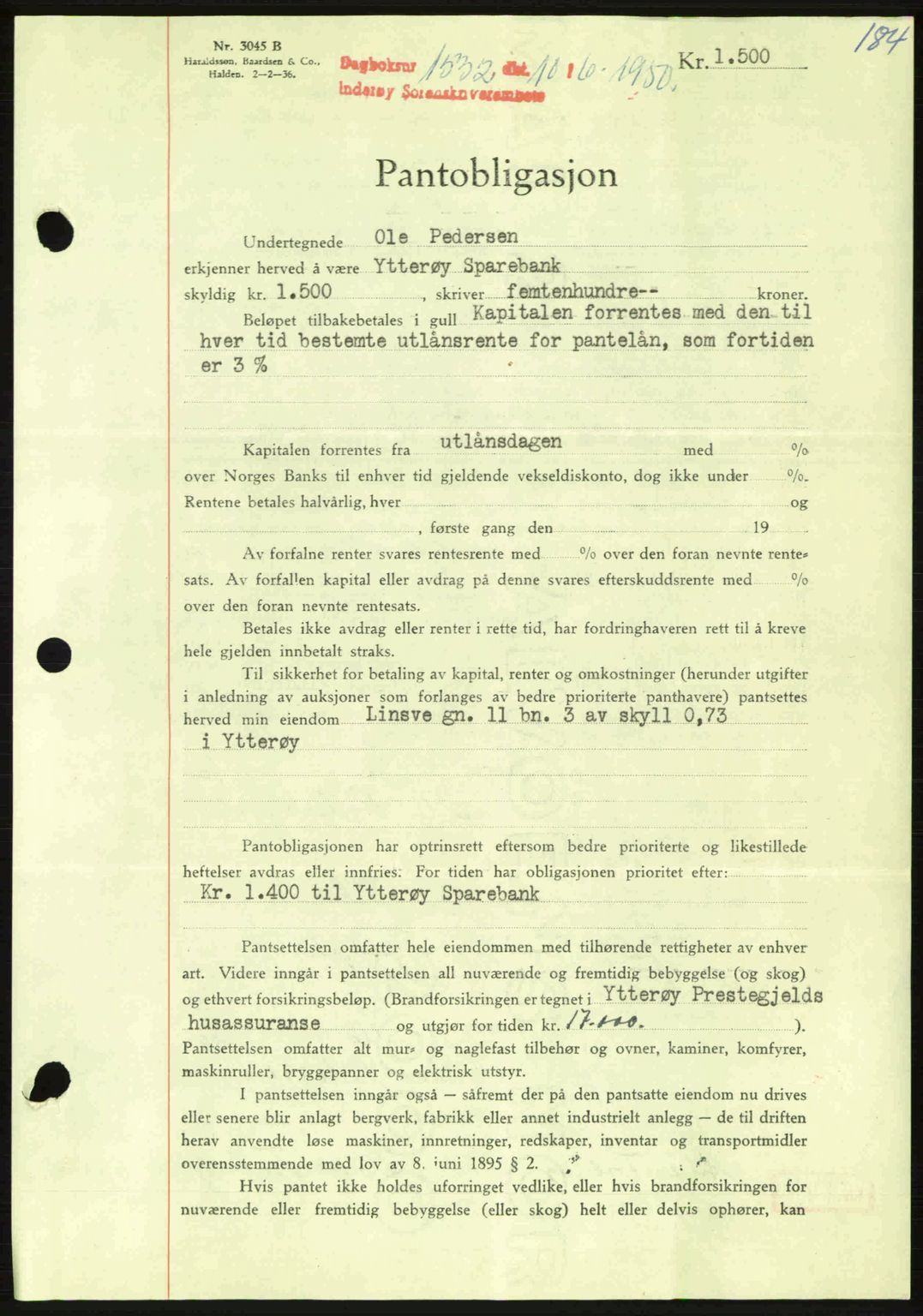 Inderøy sorenskriveri, SAT/A-4147/1/2/2C: Pantebok nr. Y1, 1936-1950, Dagboknr: 1532/1950