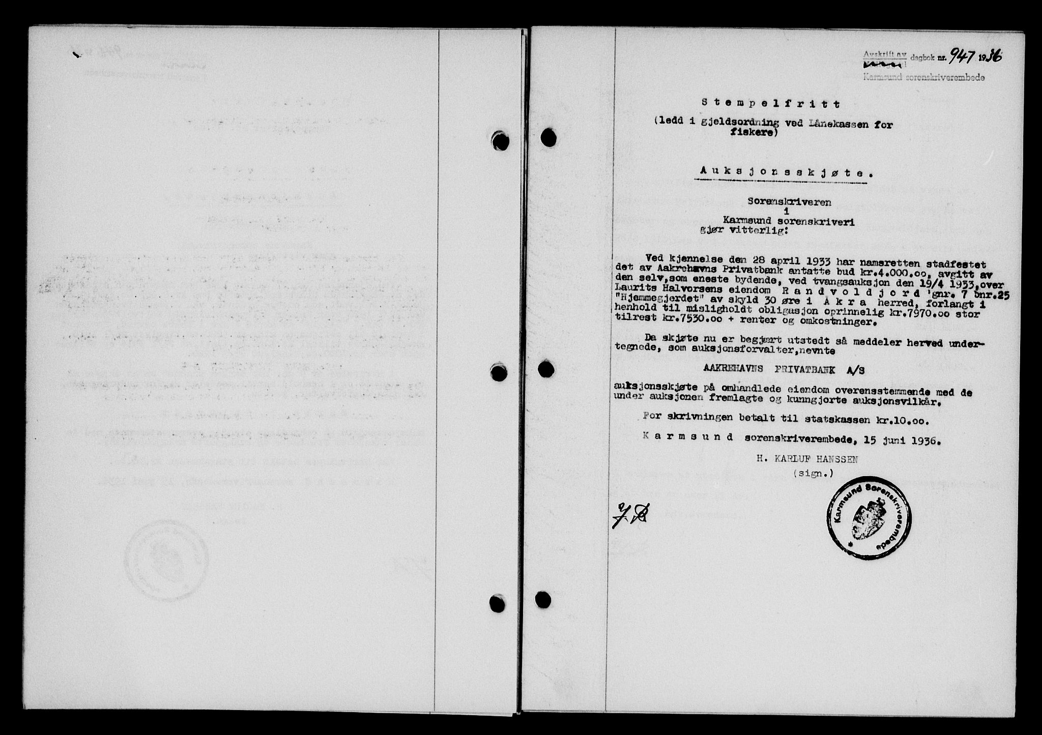 Karmsund sorenskriveri, SAST/A-100311/01/II/IIB/L0066: Pantebok nr. 47A, 1936-1936, Dagboknr: 947/1936