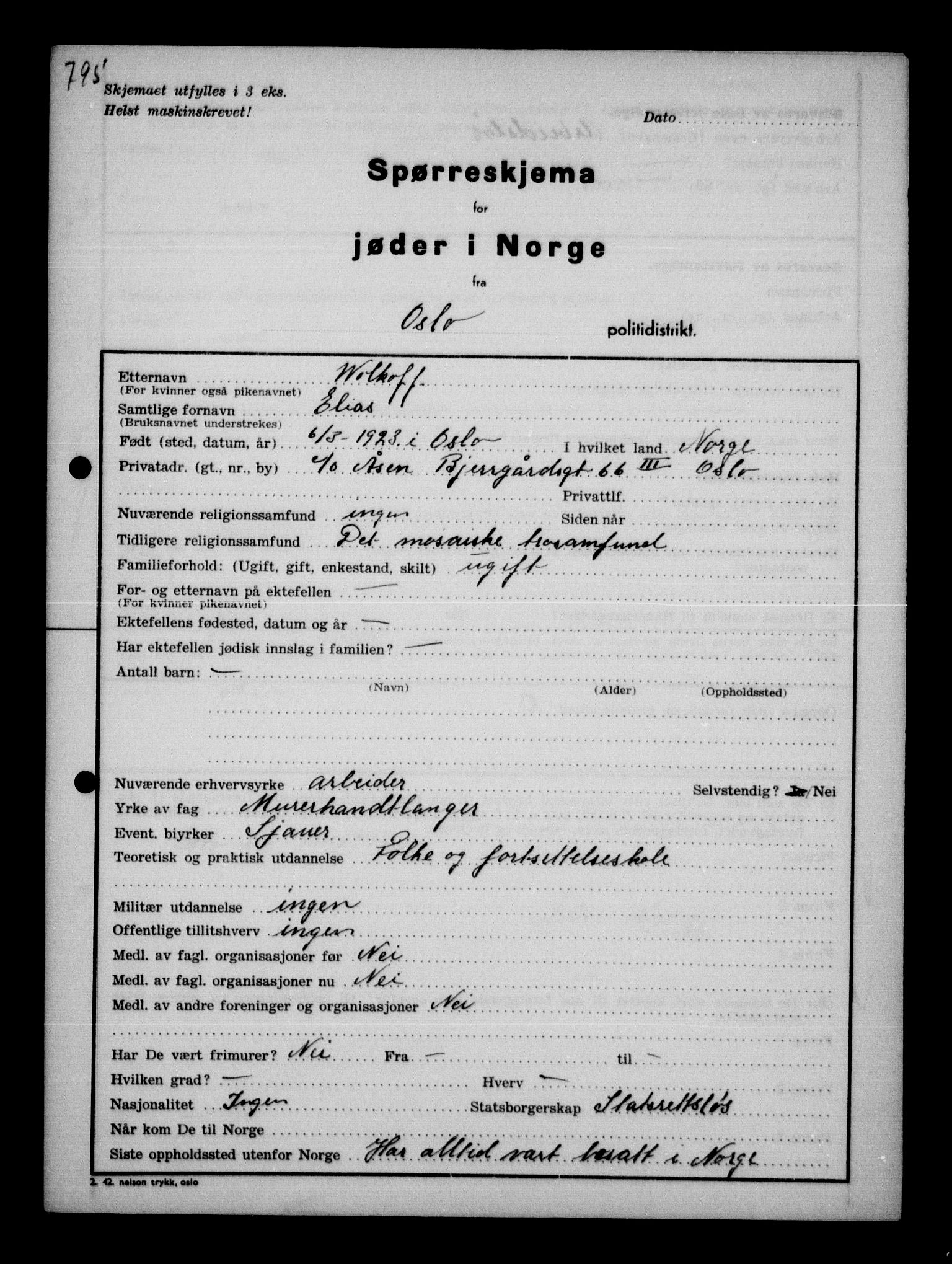 Statspolitiet - Hovedkontoret / Osloavdelingen, AV/RA-S-1329/G/Ga/L0011: Spørreskjema for jøder i Norge. 1: Oslo 610-806 (Plavnik-Zwillinger). 2: Aker 1-113 (Adler-Lewin). , 1942, s. 551