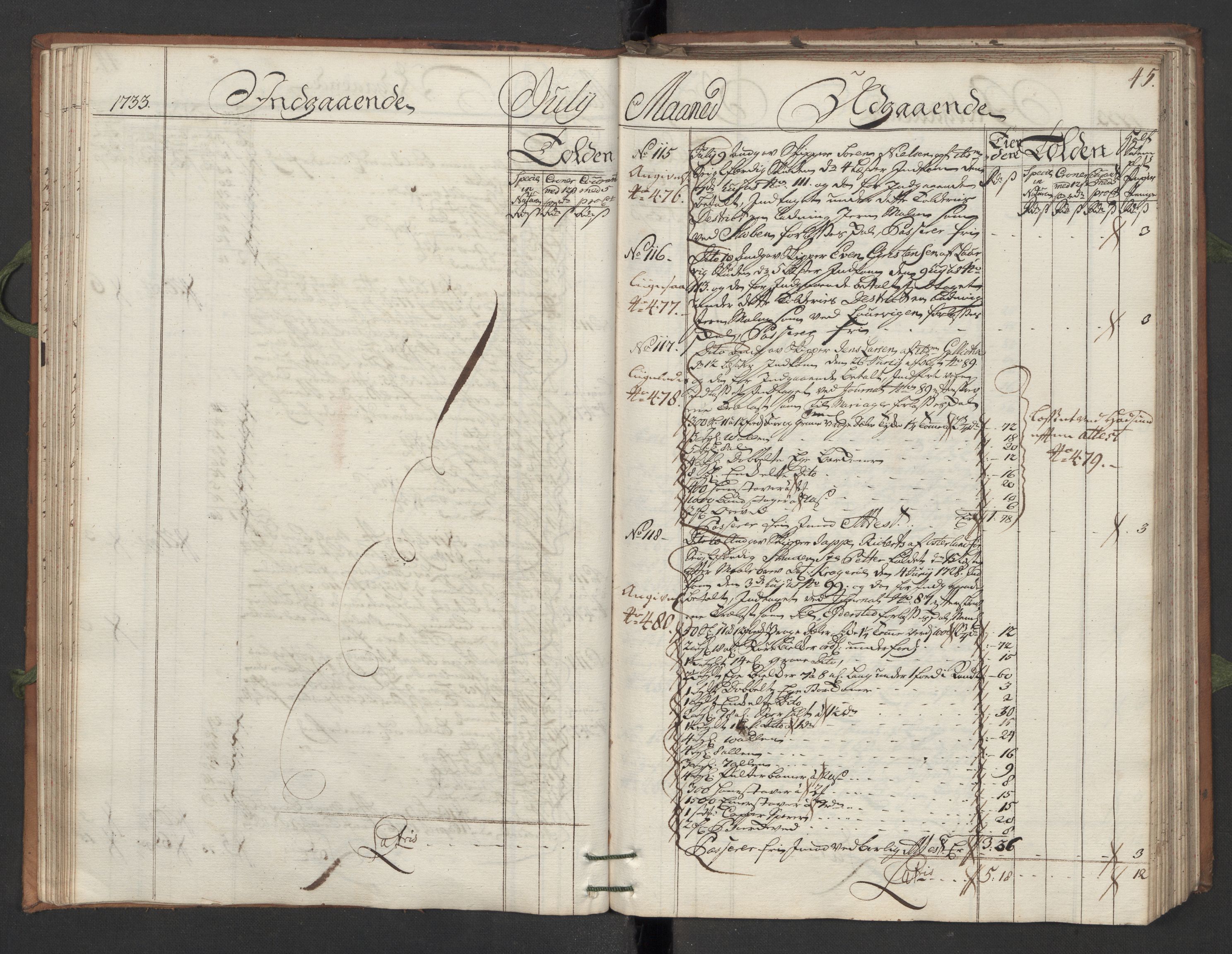 Generaltollkammeret, tollregnskaper, AV/RA-EA-5490/R13/L0007/0001: Tollregnskaper Kragerø / Hovedtollbok, 1733, s. 44b-45a