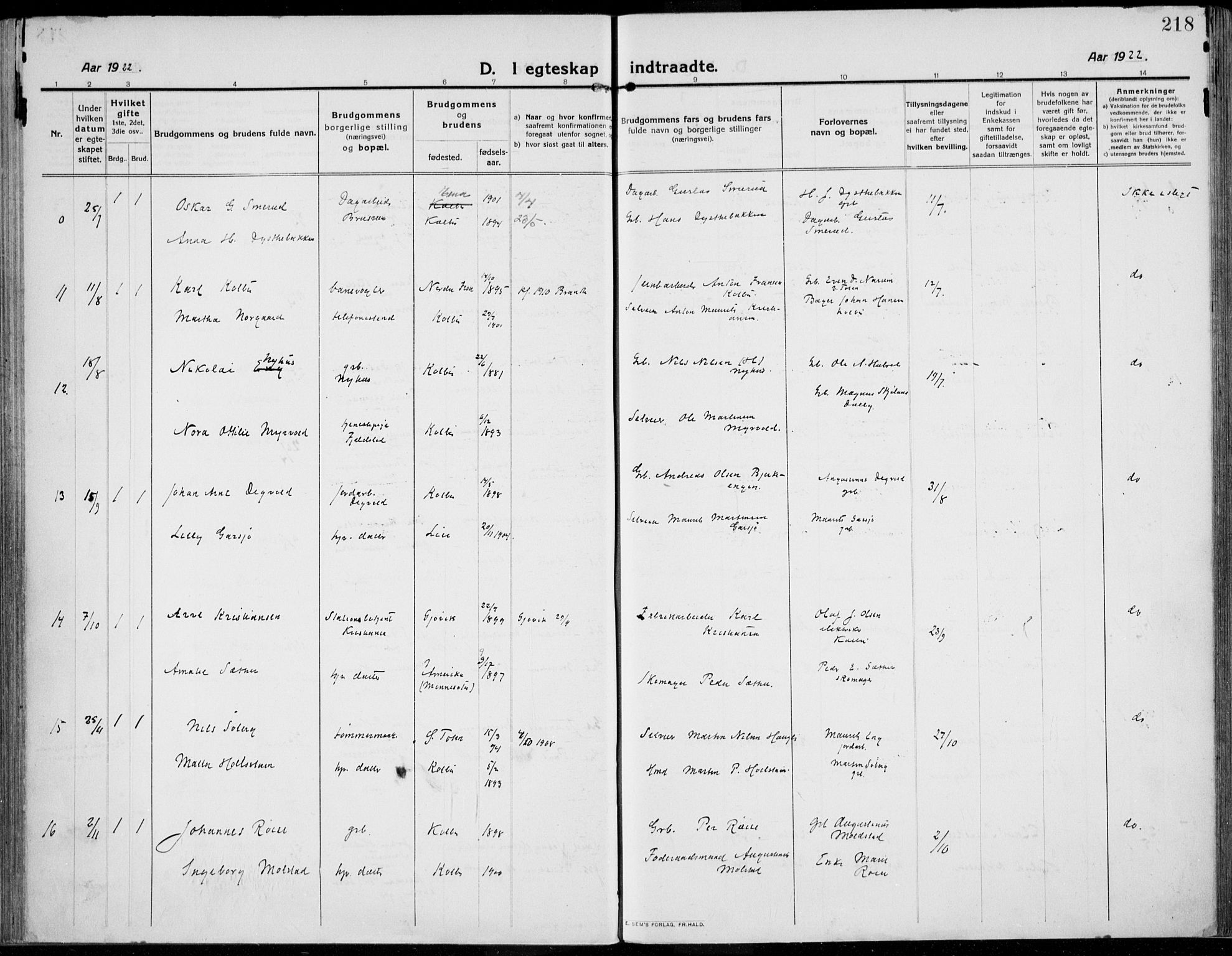 Kolbu prestekontor, SAH/PREST-110/H/Ha/Haa/L0002: Ministerialbok nr. 2, 1912-1926, s. 218