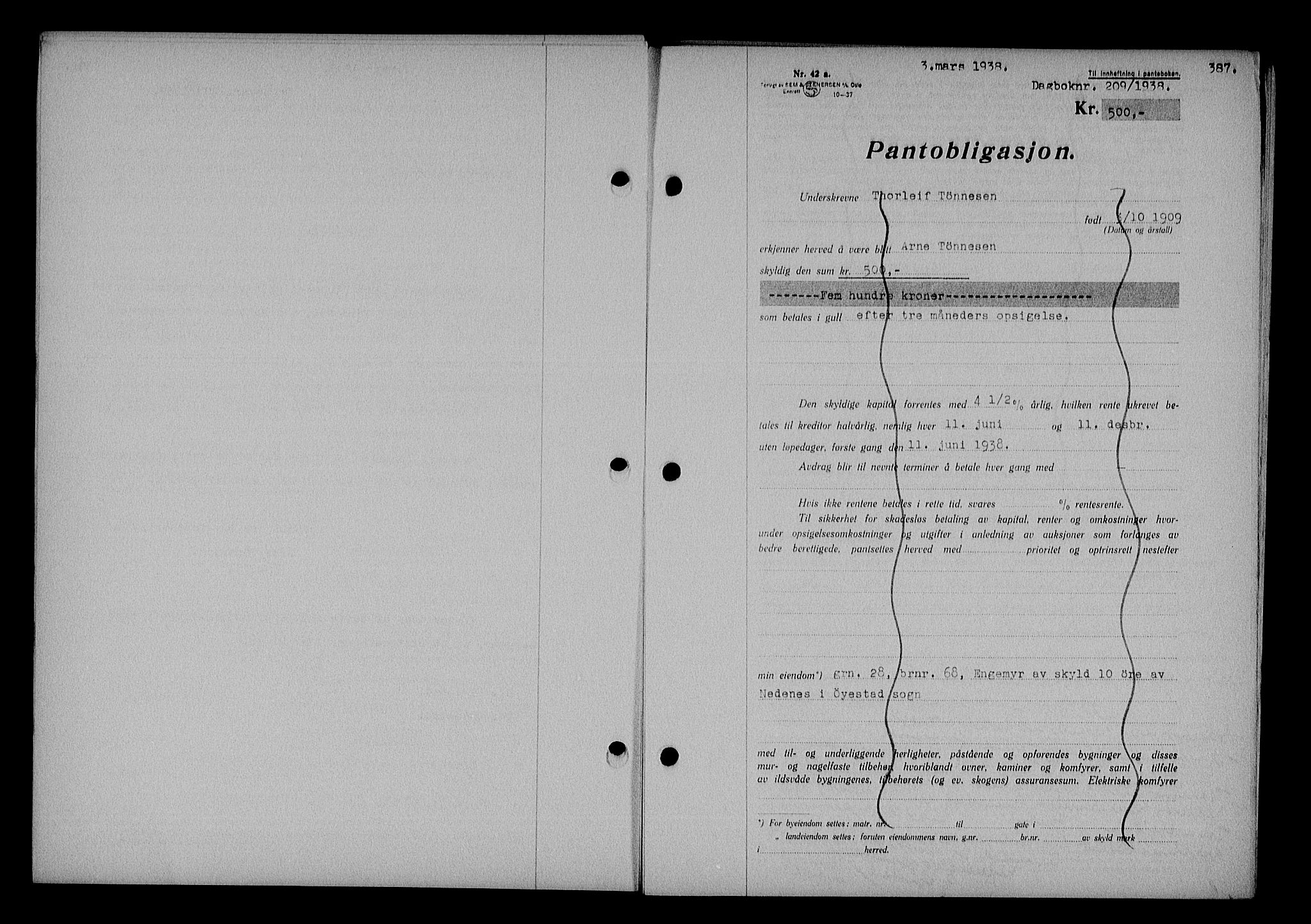 Nedenes sorenskriveri, AV/SAK-1221-0006/G/Gb/Gba/L0044: Pantebok nr. 40, 1937-1938, Dagboknr: 209/1938