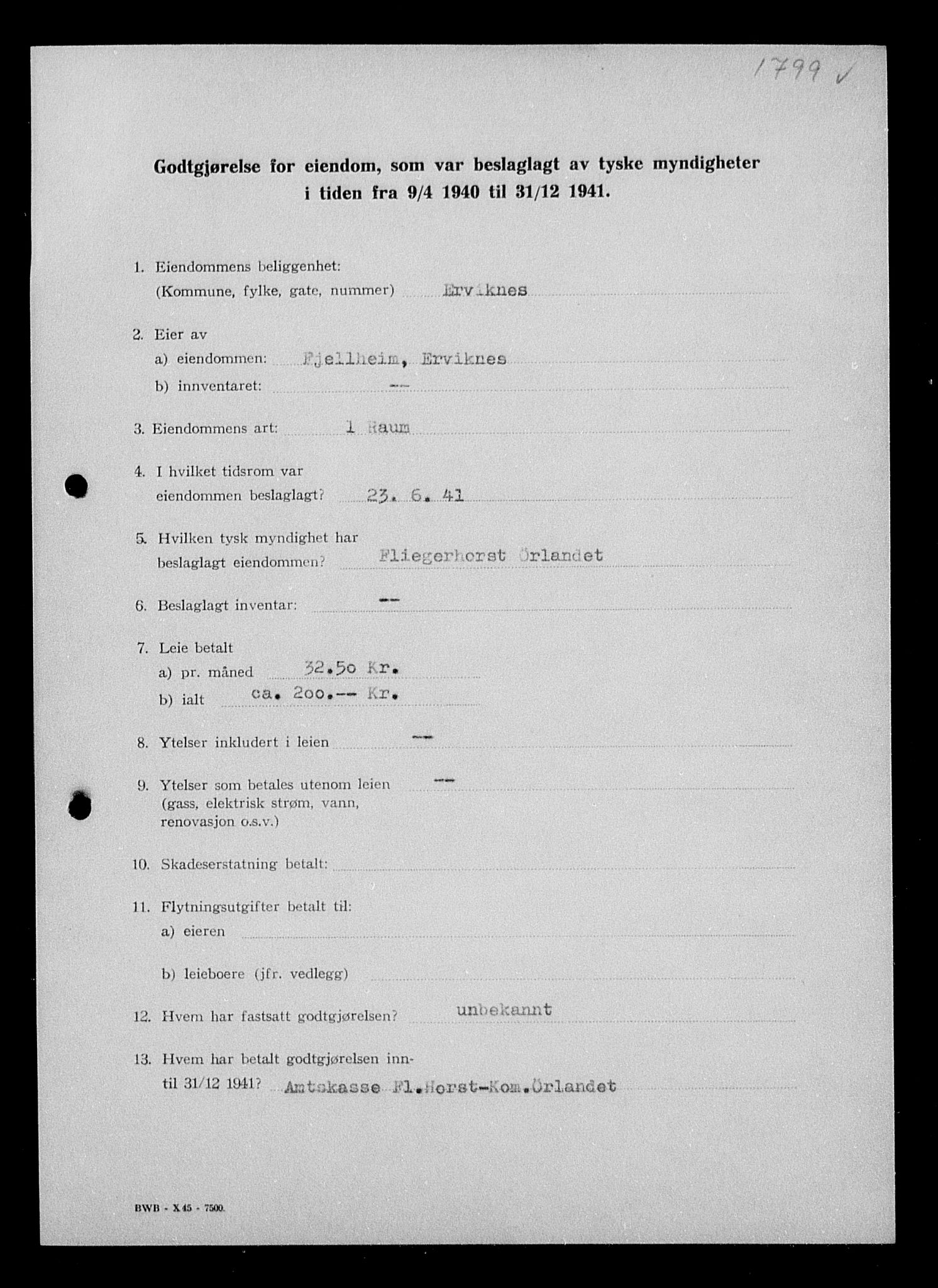 Justisdepartementet, Tilbakeføringskontoret for inndratte formuer, RA/S-1564/I/L1018: Godtgjørelse for beslaglagt eiendom, 1940-1941, s. 249