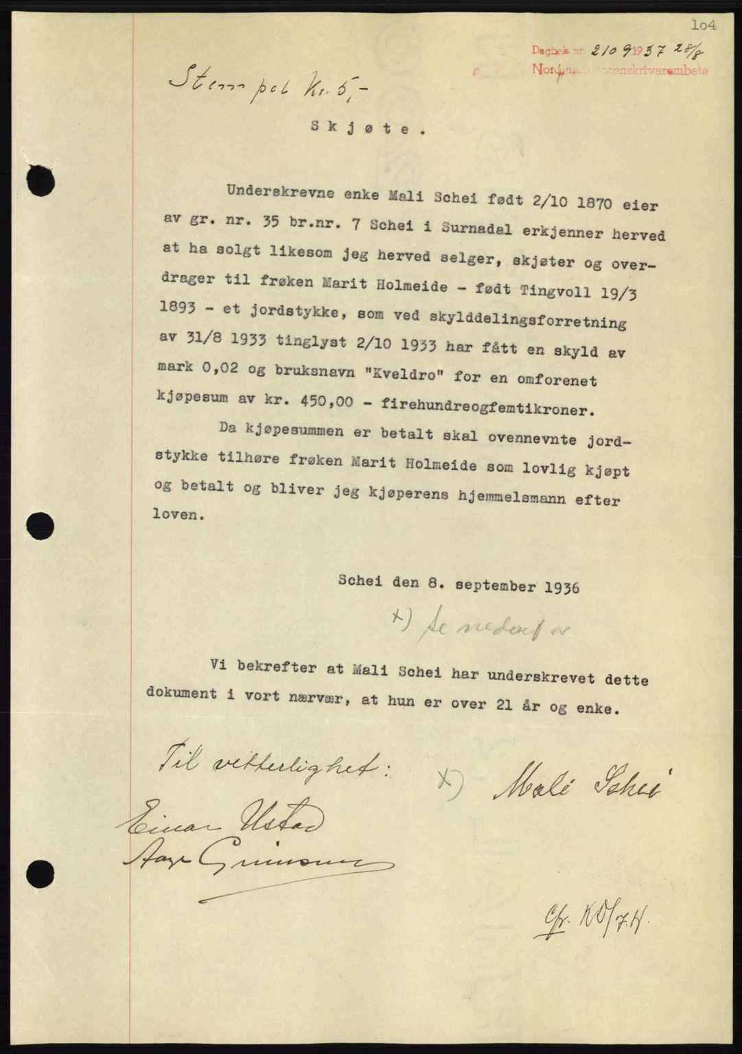 Nordmøre sorenskriveri, SAT/A-4132/1/2/2Ca: Pantebok nr. A82, 1937-1938, Dagboknr: 2109/1937