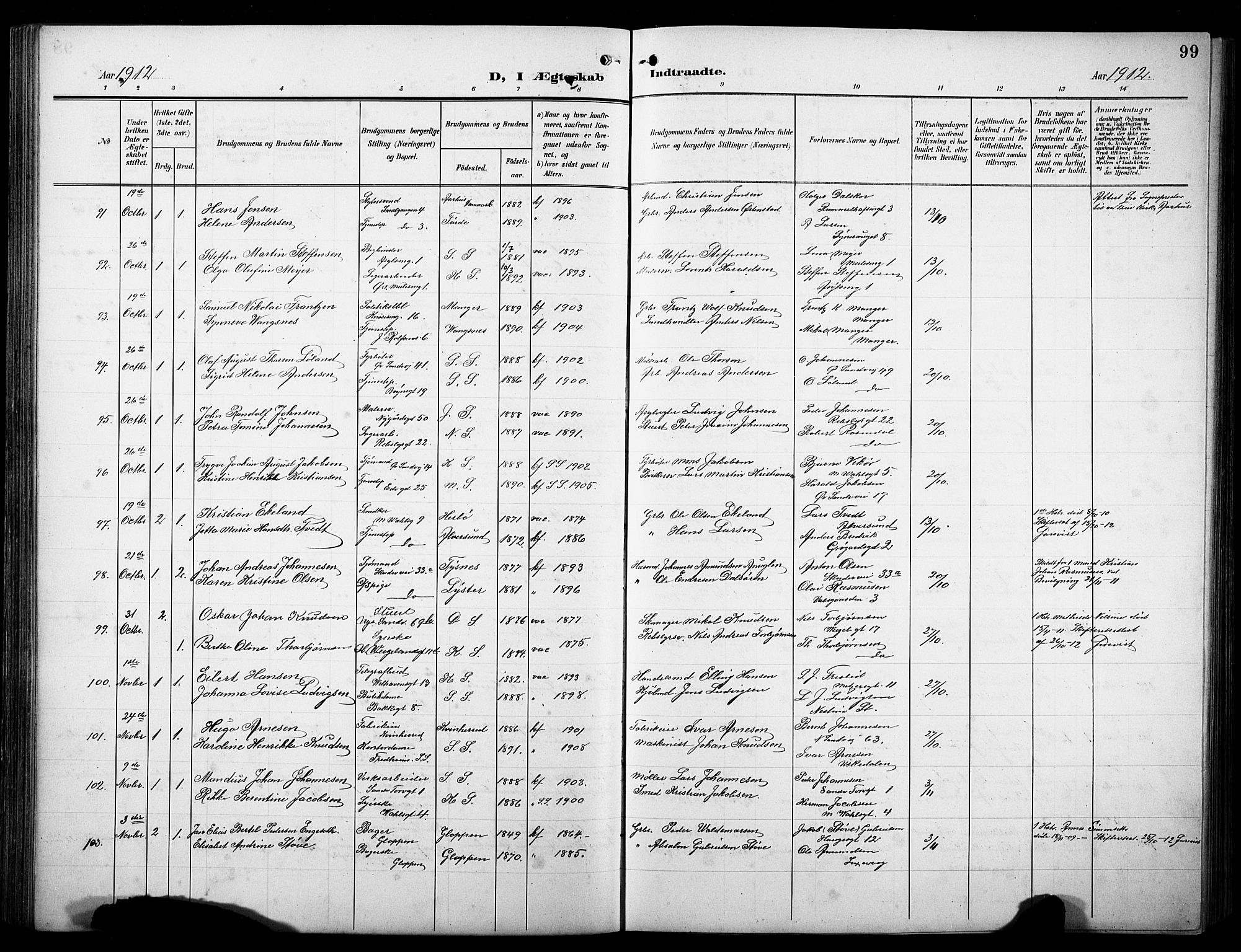 Sandviken Sokneprestembete, AV/SAB-A-77601/H/Hb/L0014: Klokkerbok nr. D 1, 1902-1929, s. 99