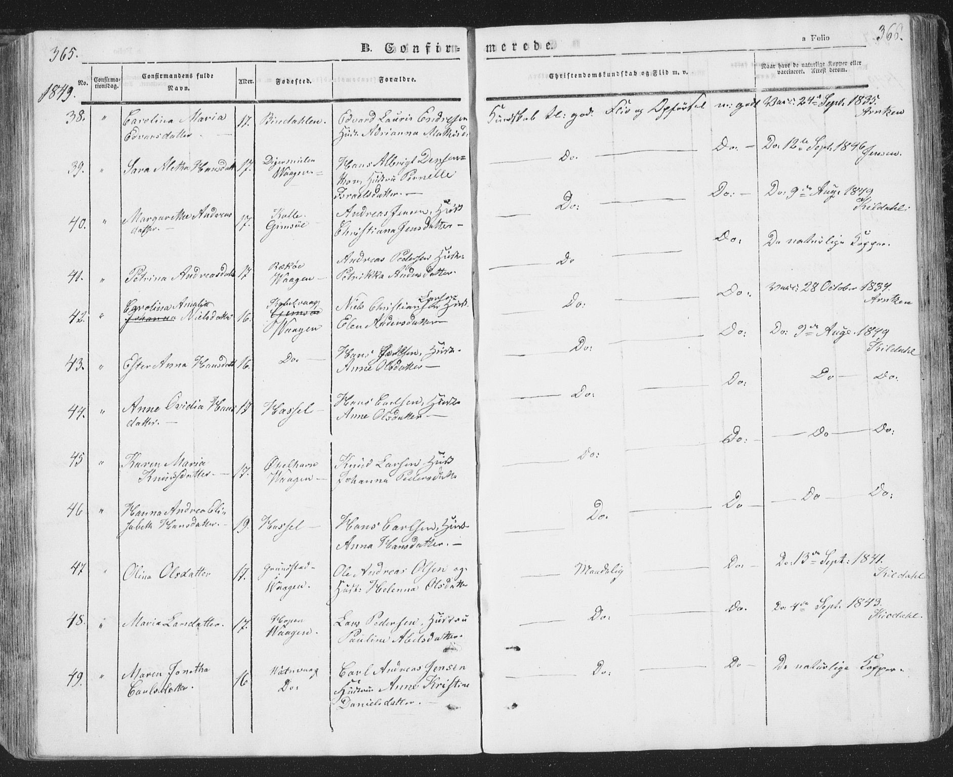 Ministerialprotokoller, klokkerbøker og fødselsregistre - Nordland, AV/SAT-A-1459/874/L1072: Klokkerbok nr. 874C01, 1843-1859, s. 365-366