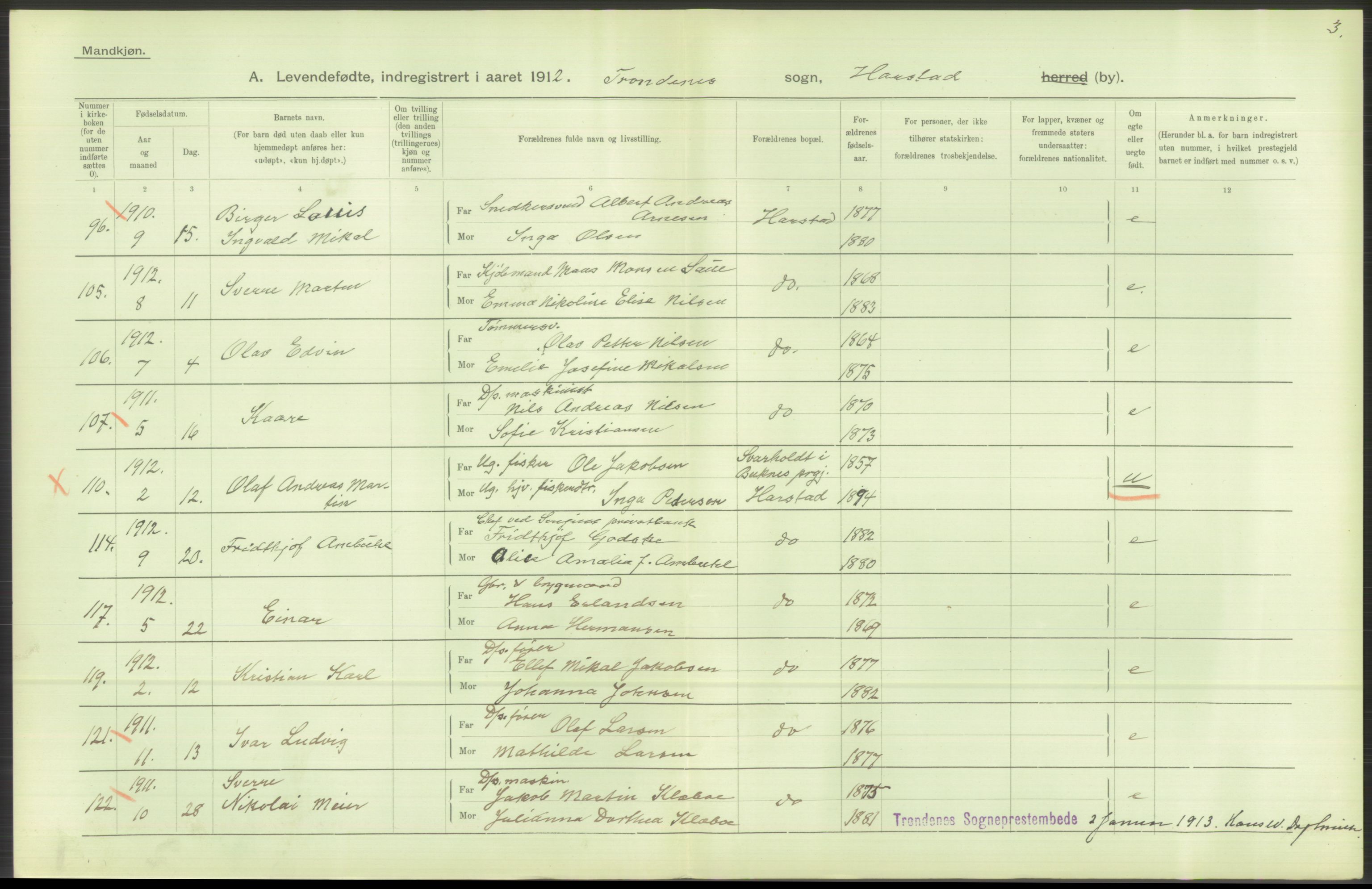 Statistisk sentralbyrå, Sosiodemografiske emner, Befolkning, AV/RA-S-2228/D/Df/Dfb/Dfbb/L0049: Tromsø amt: Levendefødte menn og kvinner. Bygder og byer., 1912, s. 32