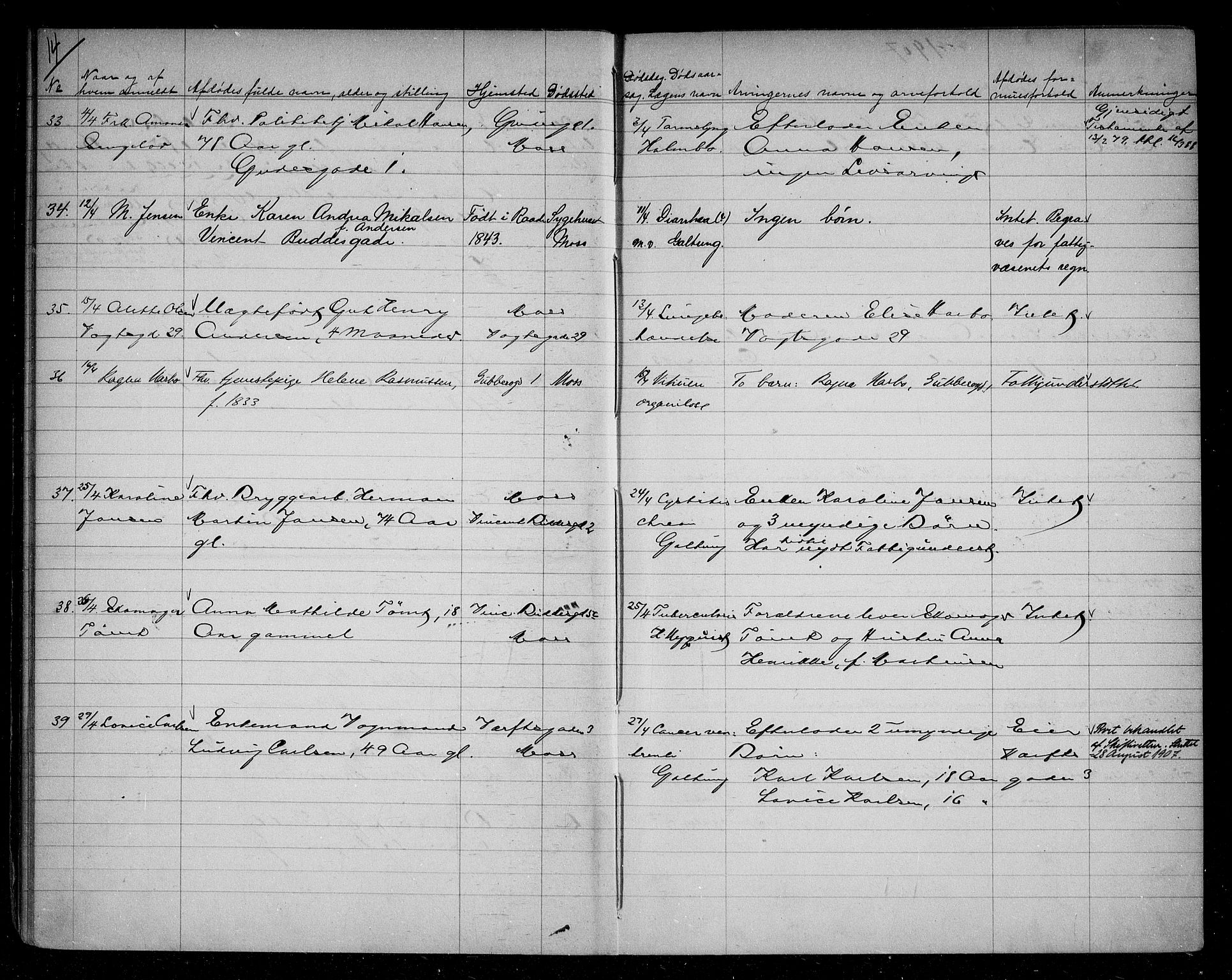 Moss byfogd, AV/SAO-A-10863/H/Ha/Hab/L0004: Dødsanmeldelsesprotokoll, 1906-1914, s. 14