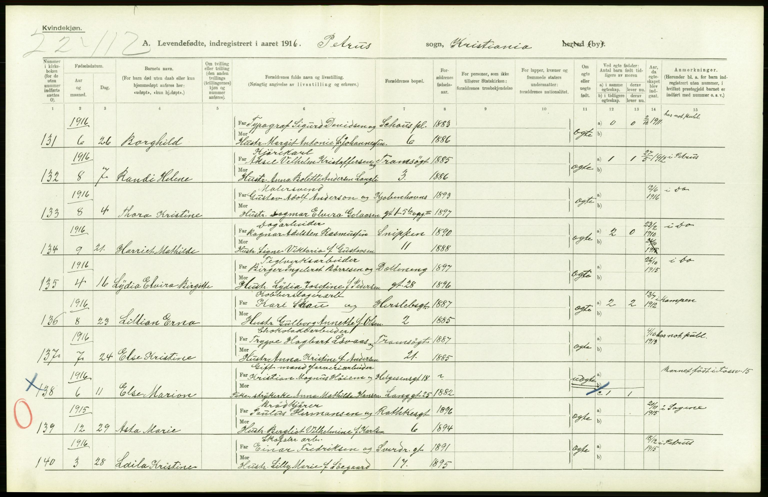 Statistisk sentralbyrå, Sosiodemografiske emner, Befolkning, AV/RA-S-2228/D/Df/Dfb/Dfbf/L0006: Kristiania: Levendefødte menn og kvinner., 1916, s. 626