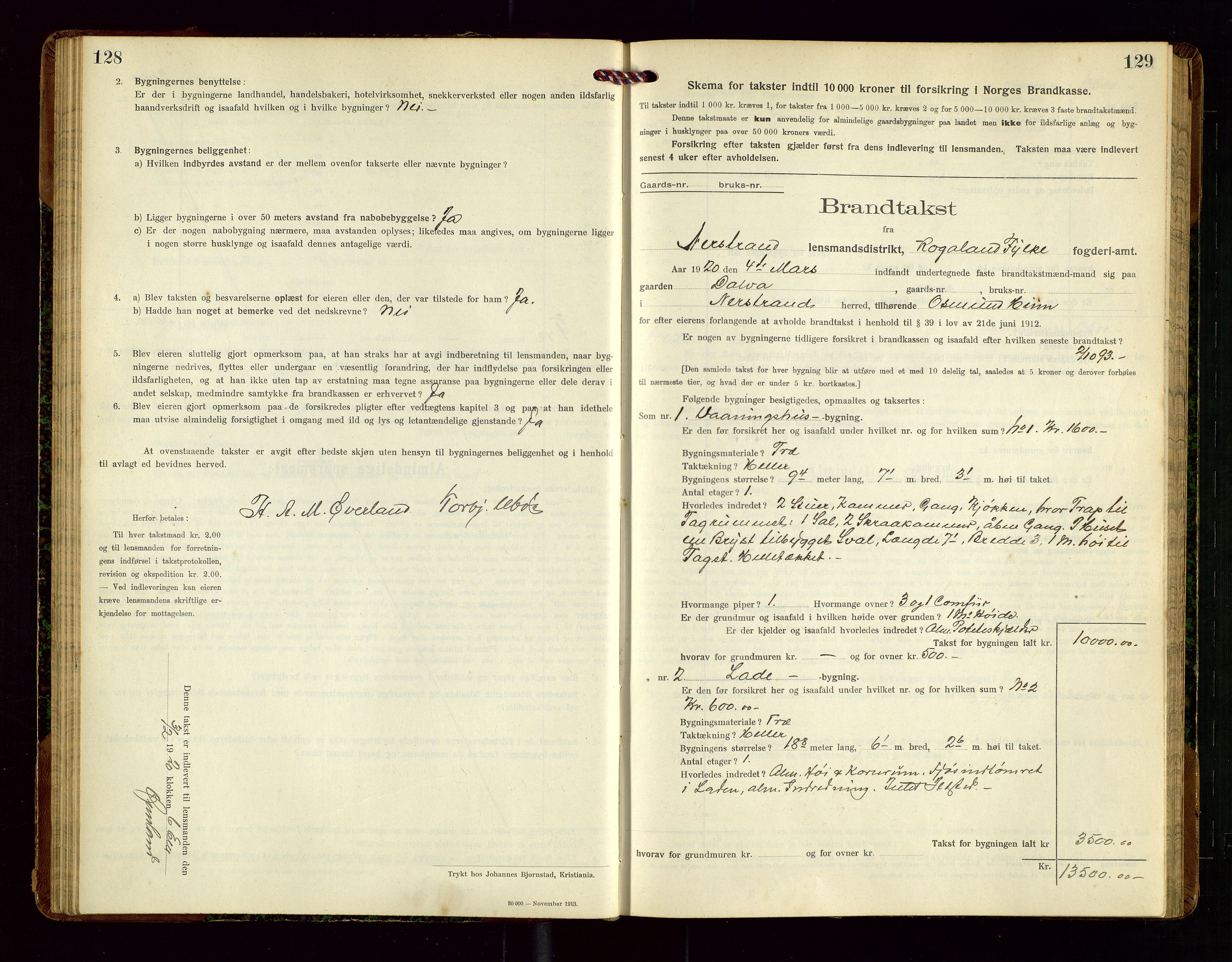 Nedstrand lensmannskontor, SAST/A-100236/Gob/L0002: "Brandtakstprotokol for Nerstrand lensmandsdistrikt Rogaland Fylke", 1916-1949, s. 128-129