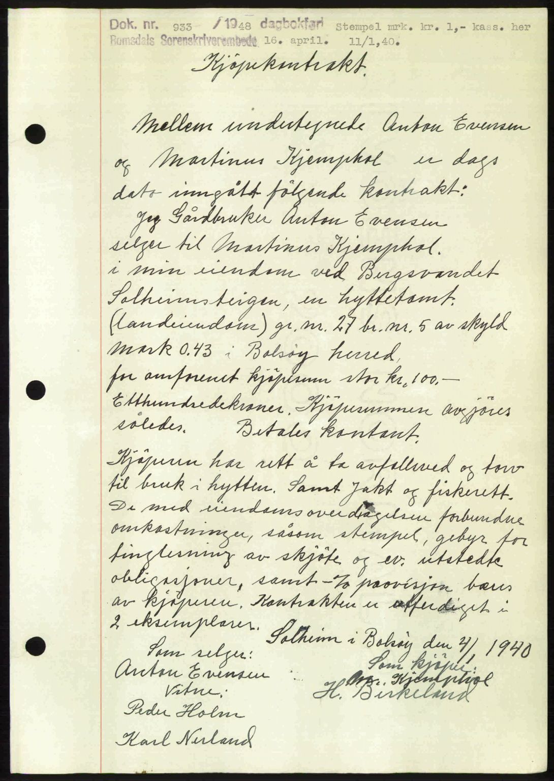 Romsdal sorenskriveri, SAT/A-4149/1/2/2C: Pantebok nr. A26, 1948-1948, Dagboknr: 933/1948