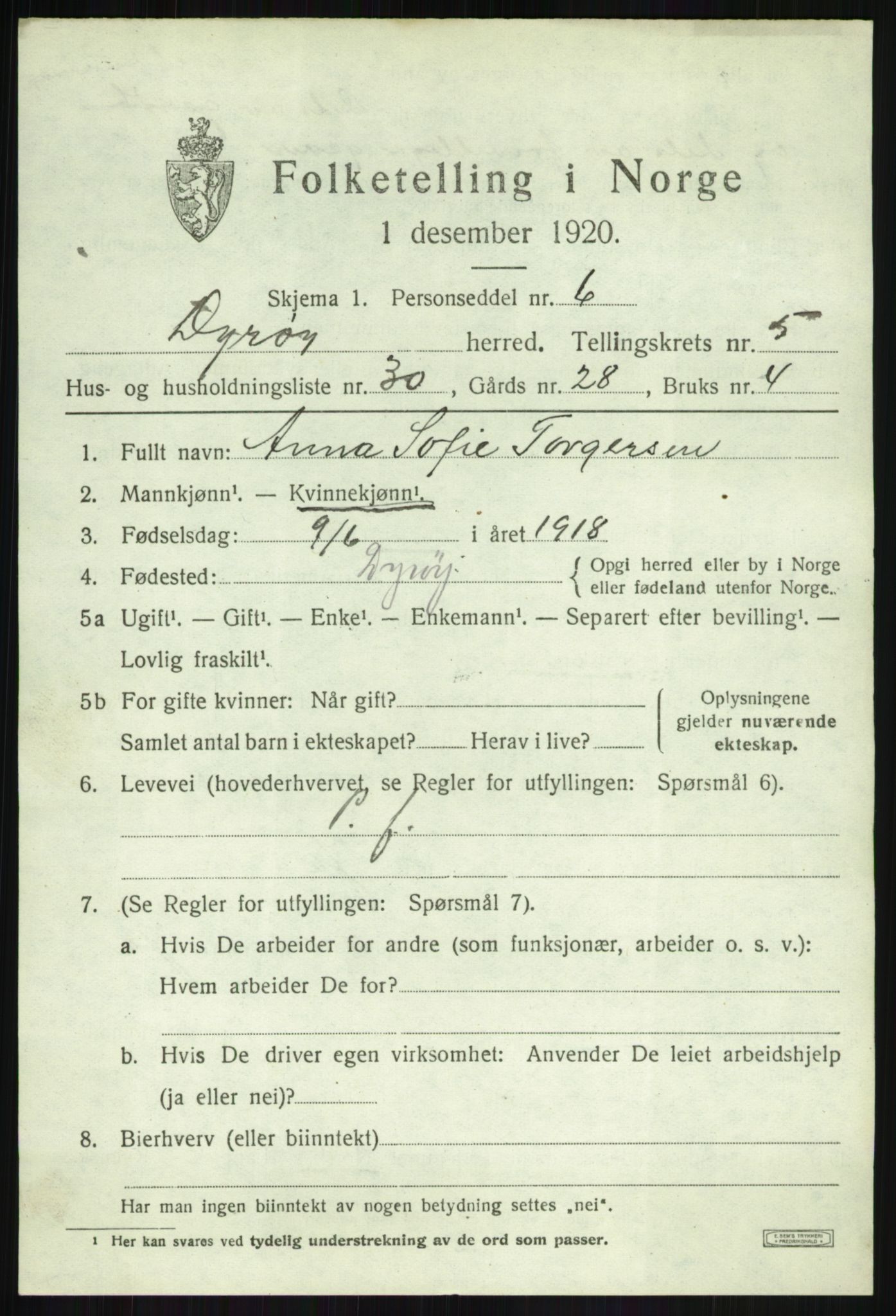 SATØ, Folketelling 1920 for 1926 Dyrøy herred, 1920, s. 3119