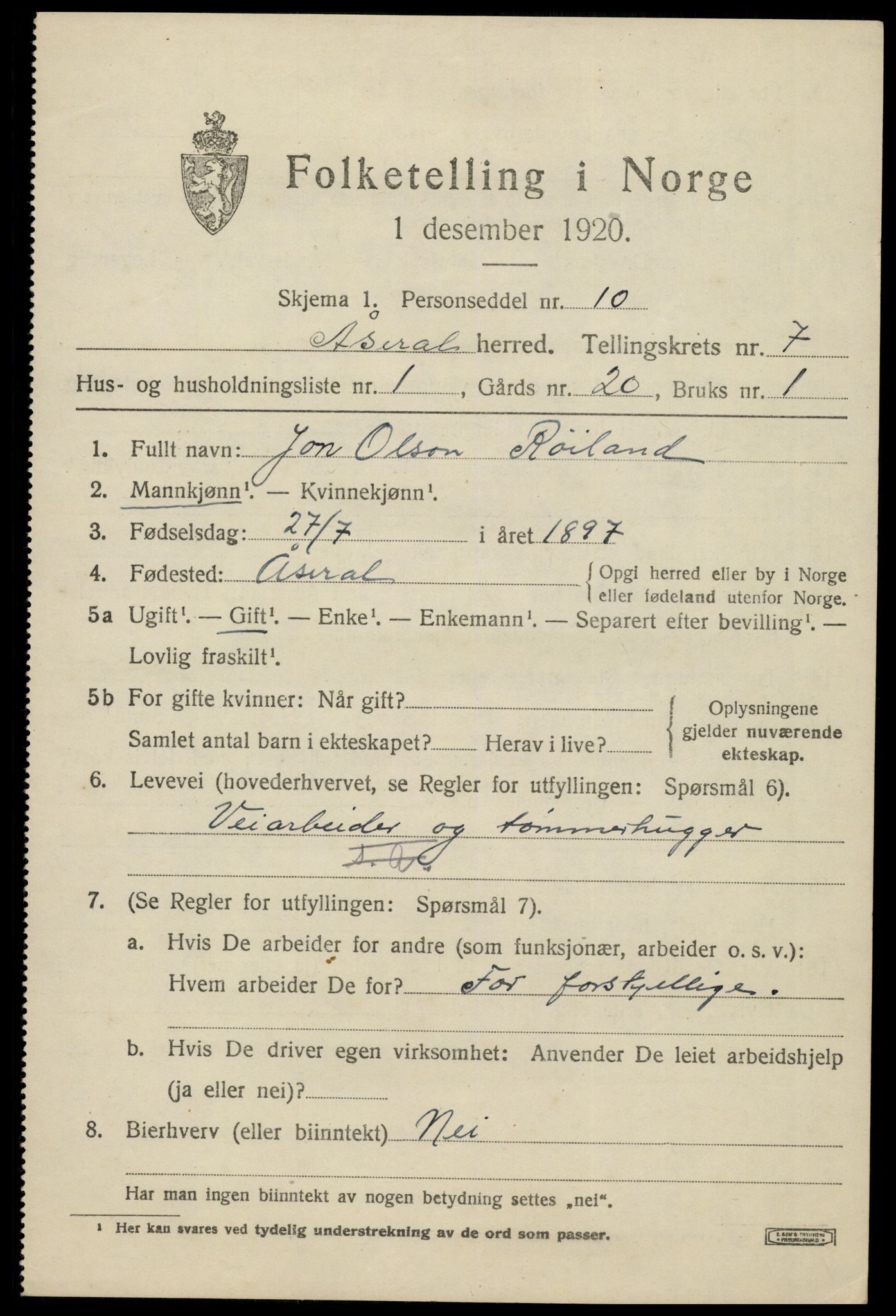 SAK, Folketelling 1920 for 1026 Åseral herred, 1920, s. 2064