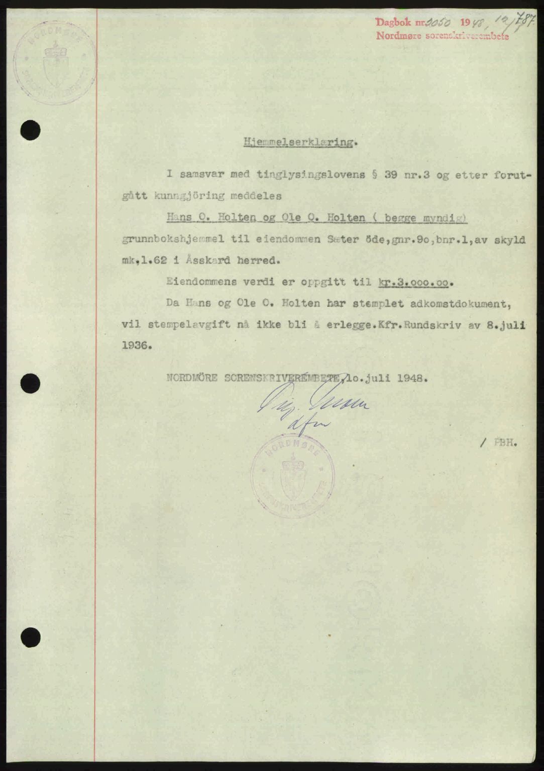 Nordmøre sorenskriveri, SAT/A-4132/1/2/2Ca: Pantebok nr. A108, 1948-1948, Dagboknr: 2050/1948