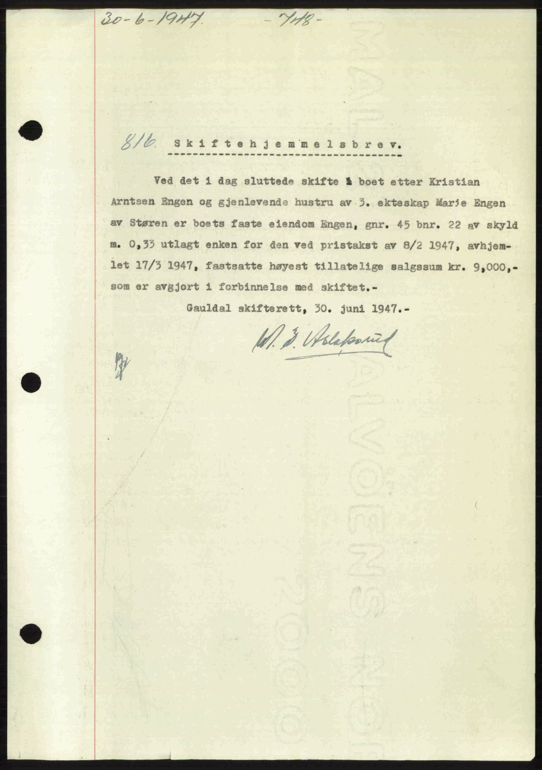Gauldal sorenskriveri, SAT/A-0014/1/2/2C: Pantebok nr. A3, 1947-1947, Dagboknr: 816/1947