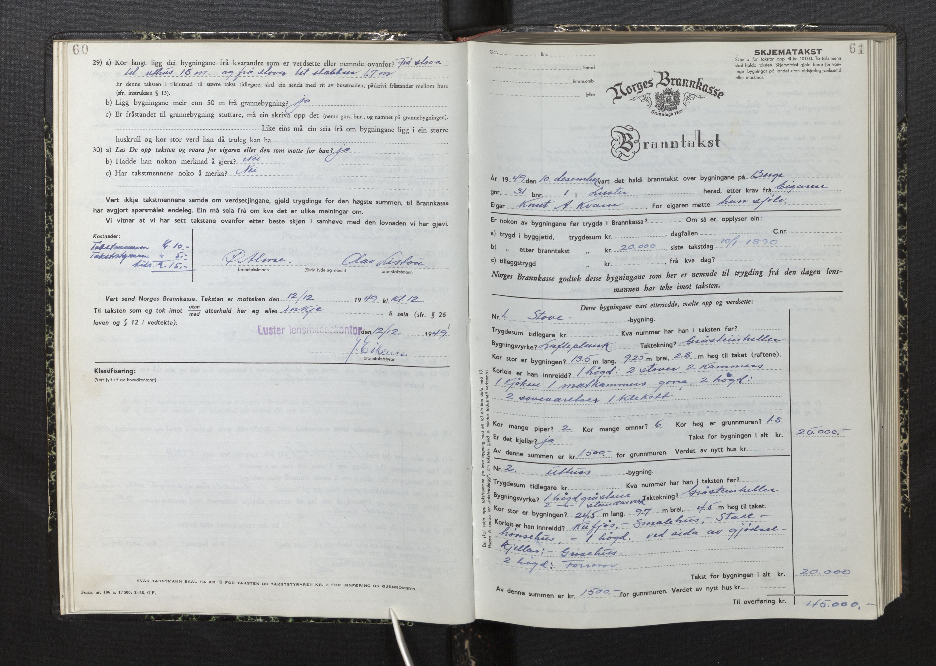 Lensmannen i Luster, AV/SAB-A-29301/0012/L0008: Branntakstprotokoll, skjematakst, 1949-1955, s. 60-61