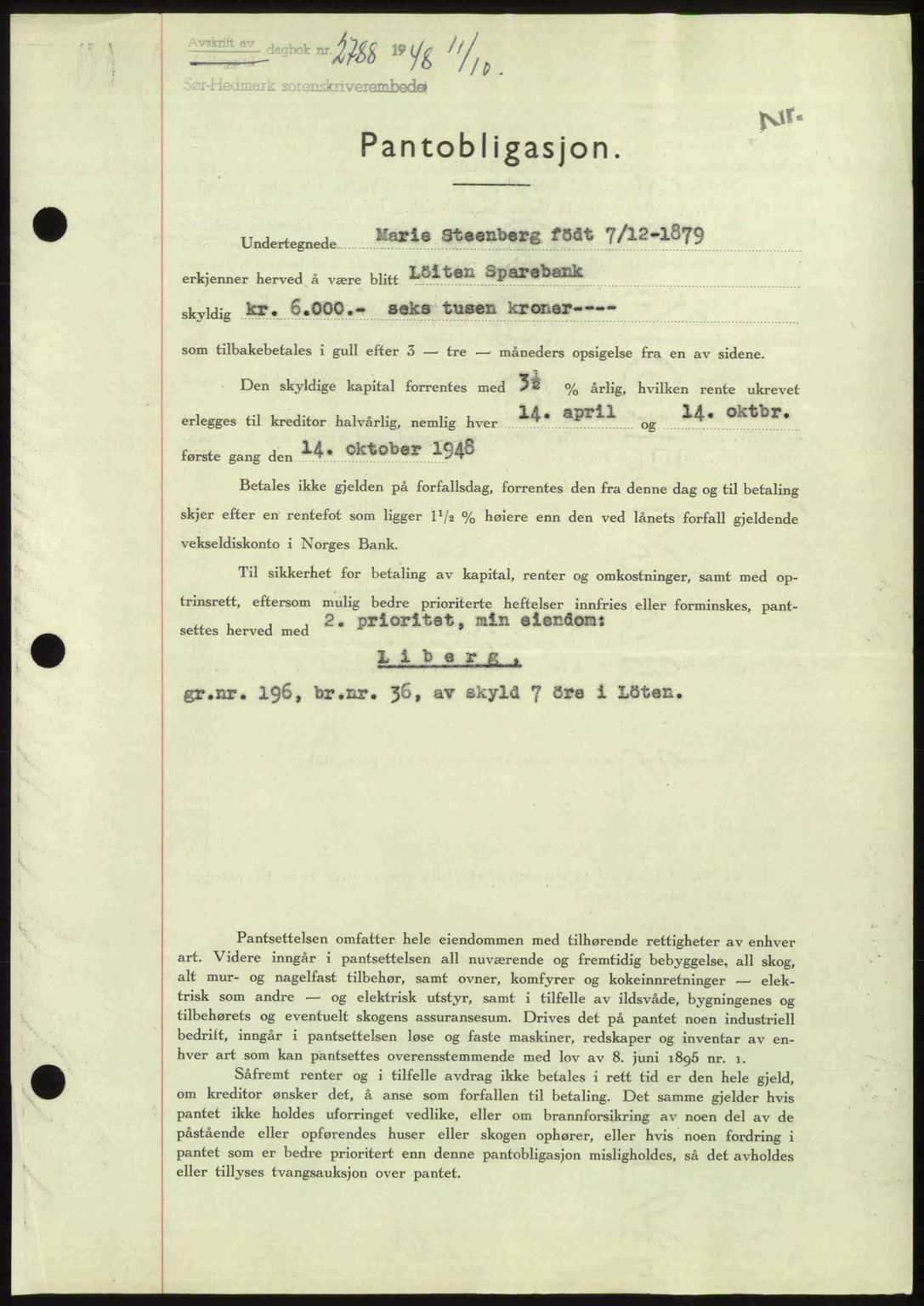 Sør-Hedmark sorenskriveri, SAH/TING-014/H/Hb/Hbd/L0018: Pantebok nr. 18, 1948-1949, Dagboknr: 2788/1948