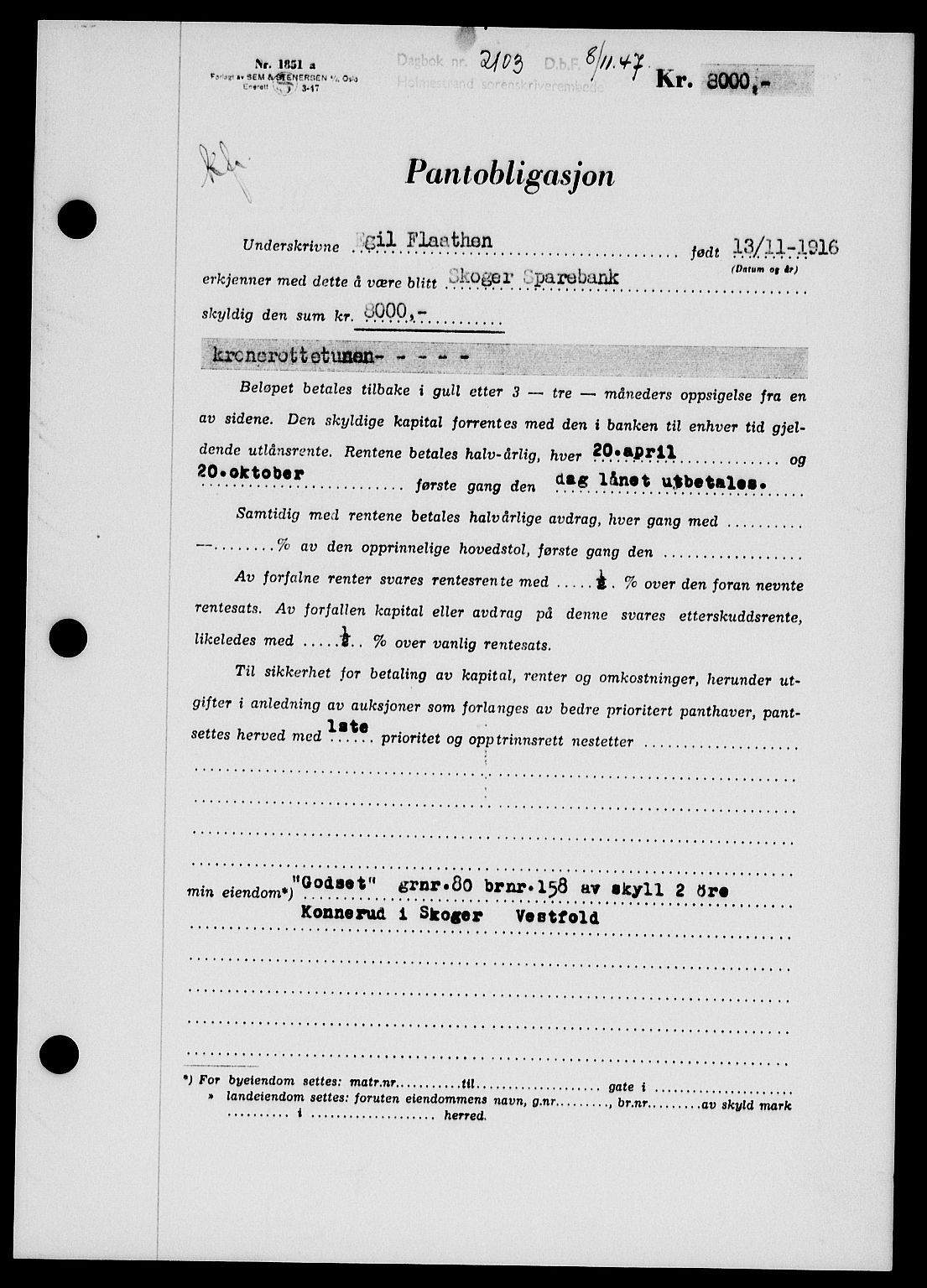 Holmestrand sorenskriveri, SAKO/A-67/G/Ga/Gab/L0058: Pantebok nr. B-58, 1947-1948, Dagboknr: 2103/1947