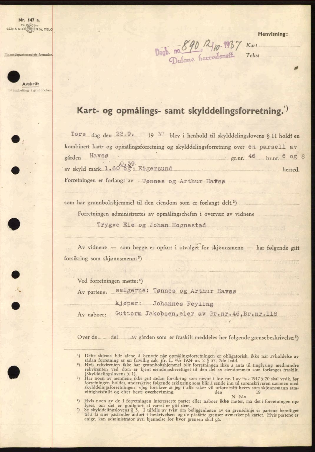 Dalane sorenskriveri, SAST/A-100309/02/G/Gb/L0041: Pantebok nr. A2, 1936-1937, Dagboknr: 890/1937