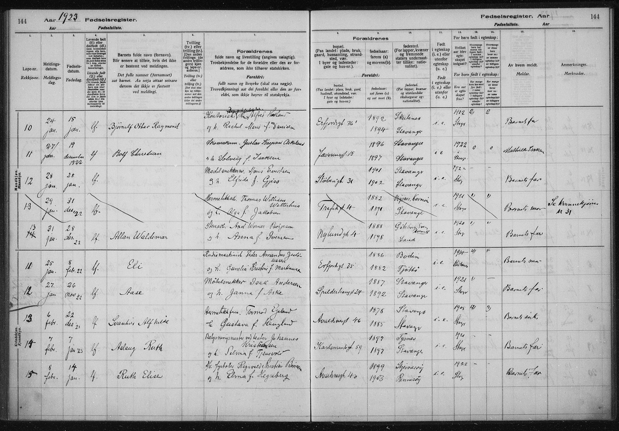 St. Johannes sokneprestkontor, AV/SAST-A-101814/002/A/L0002: Fødselsregister nr. 2, 1919-1924, s. 144