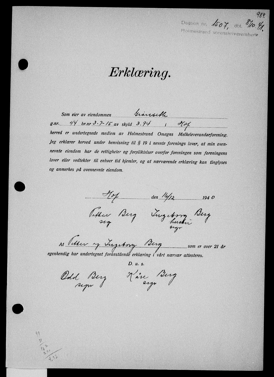 Holmestrand sorenskriveri, SAKO/A-67/G/Ga/Gaa/L0053: Pantebok nr. A-53, 1941-1941, Dagboknr: 1507/1941