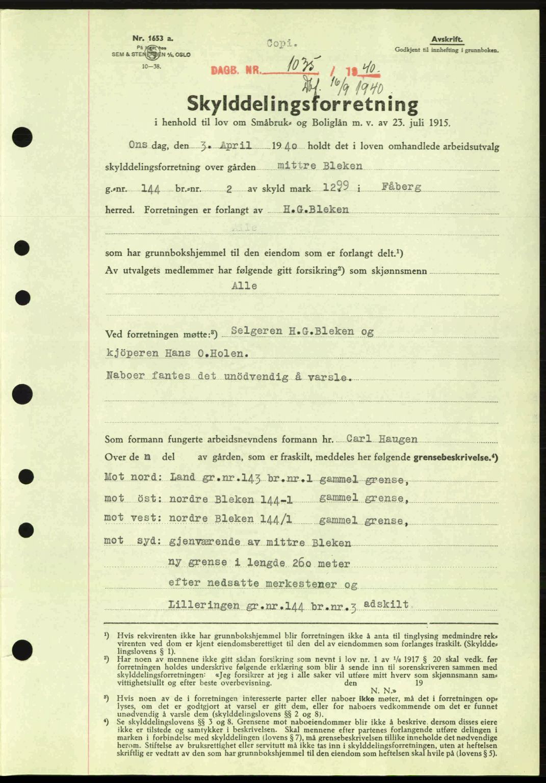 Sør-Gudbrandsdal tingrett, SAH/TING-004/H/Hb/Hbd/L0008: Pantebok nr. A8, 1940-1941, Dagboknr: 1035/1940