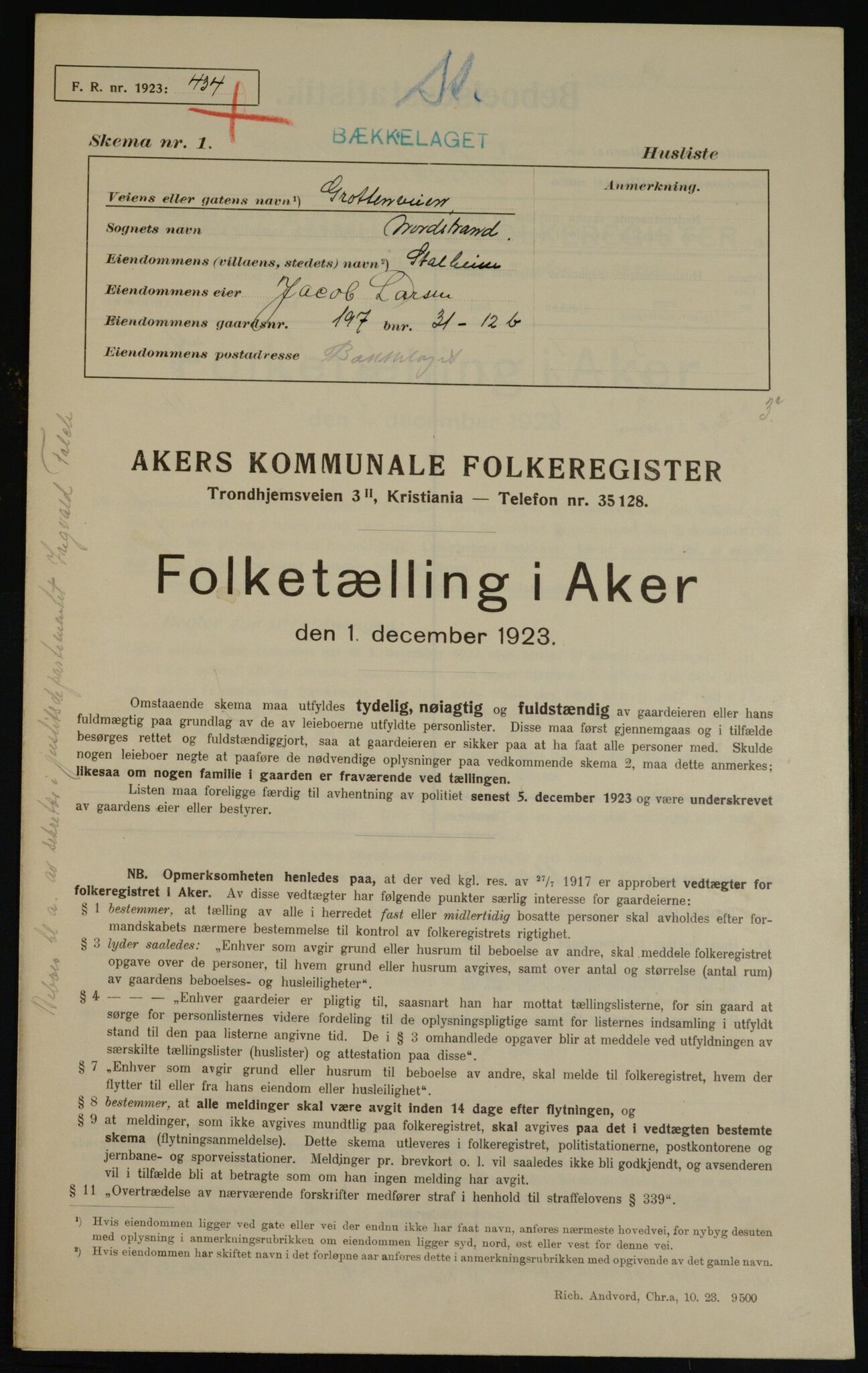 , Kommunal folketelling 1.12.1923 for Aker, 1923, s. 39227