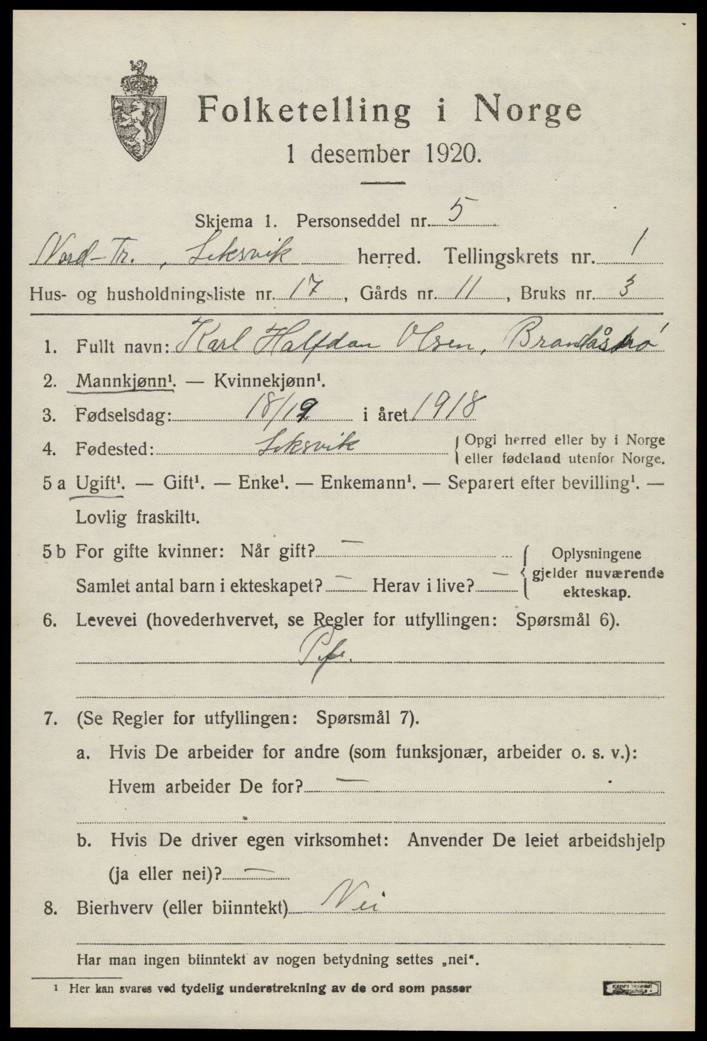 SAT, Folketelling 1920 for 1718 Leksvik herred, 1920, s. 1348