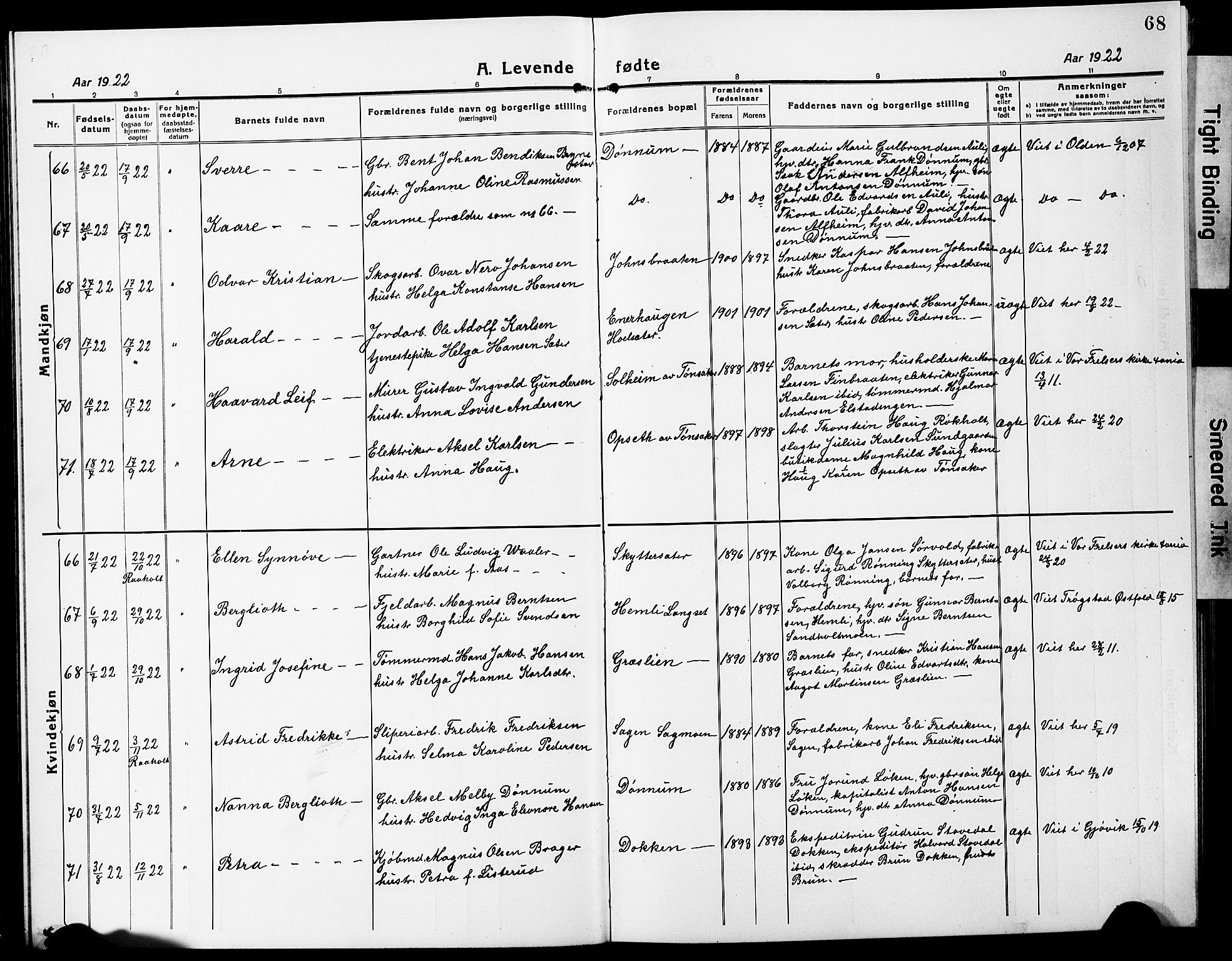 Eidsvoll prestekontor Kirkebøker, AV/SAO-A-10888/G/Ga/L0010: Klokkerbok nr. I 10, 1919-1929, s. 68