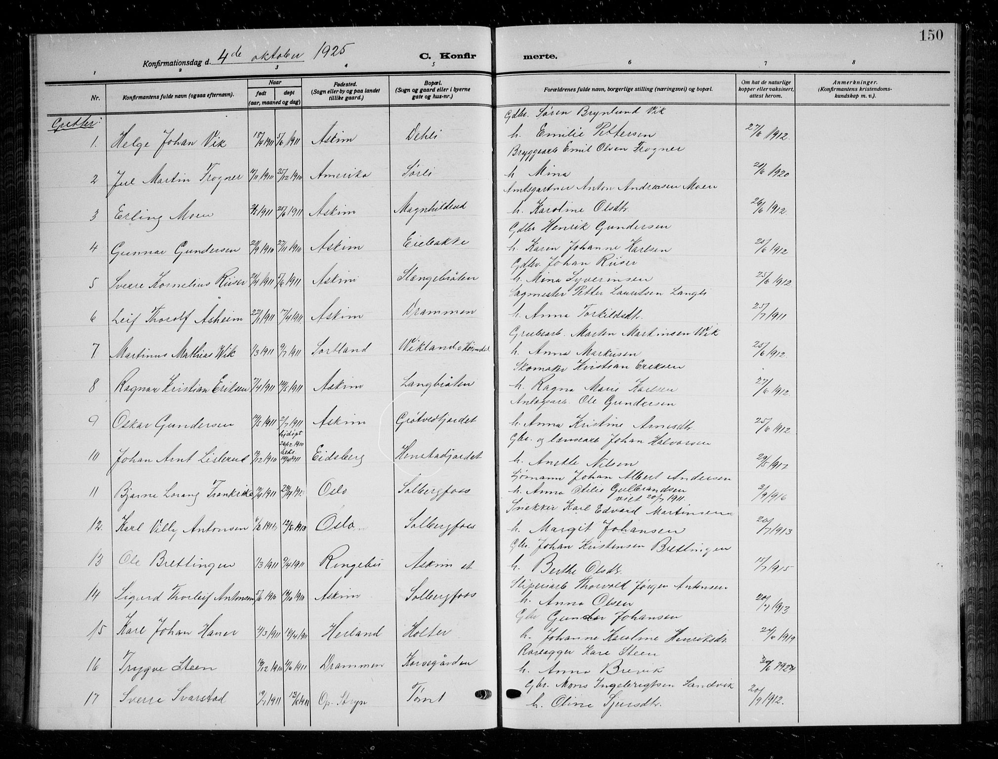 Askim prestekontor Kirkebøker, AV/SAO-A-10900/G/Ga/L0003: Klokkerbok nr. 3, 1921-1937, s. 150