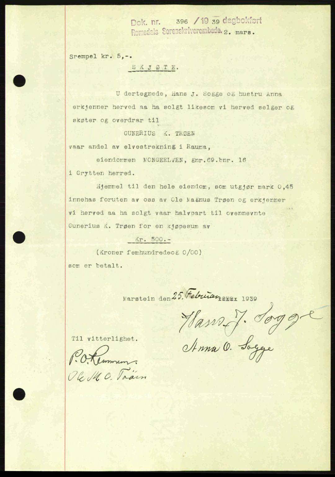 Romsdal sorenskriveri, AV/SAT-A-4149/1/2/2C: Pantebok nr. A6, 1938-1939, Dagboknr: 396/1939