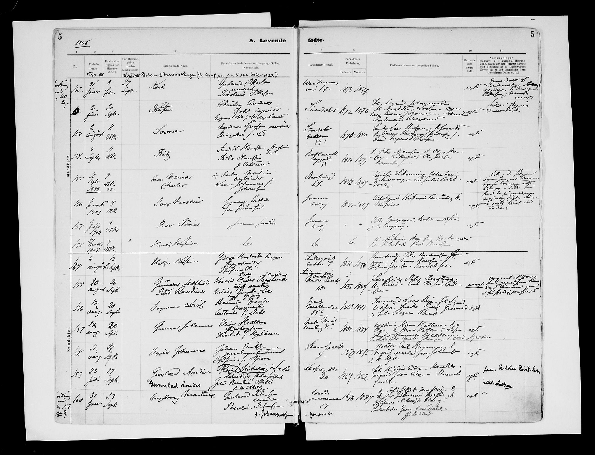 Ministerialprotokoller, klokkerbøker og fødselsregistre - Sør-Trøndelag, SAT/A-1456/604/L0203: Ministerialbok nr. 604A23, 1908-1916, s. 5