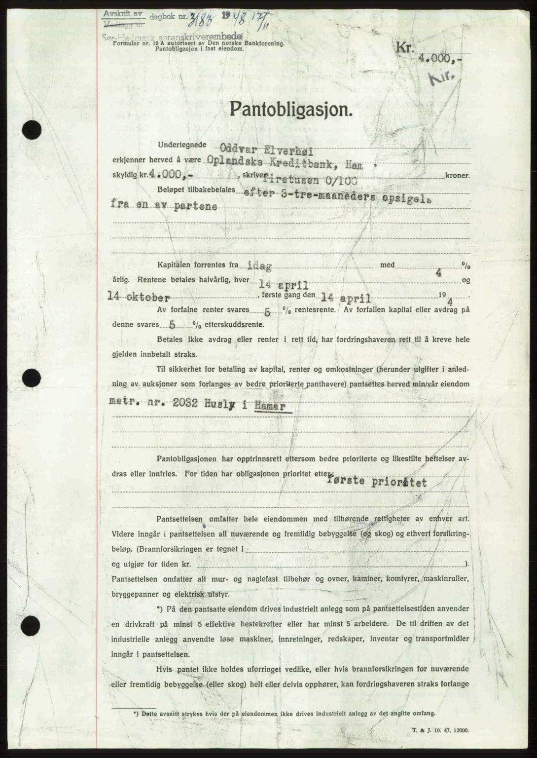 Sør-Hedmark sorenskriveri, SAH/TING-014/H/Hb/Hbd/L0018: Pantebok nr. 18, 1948-1949, Dagboknr: 3183/1948