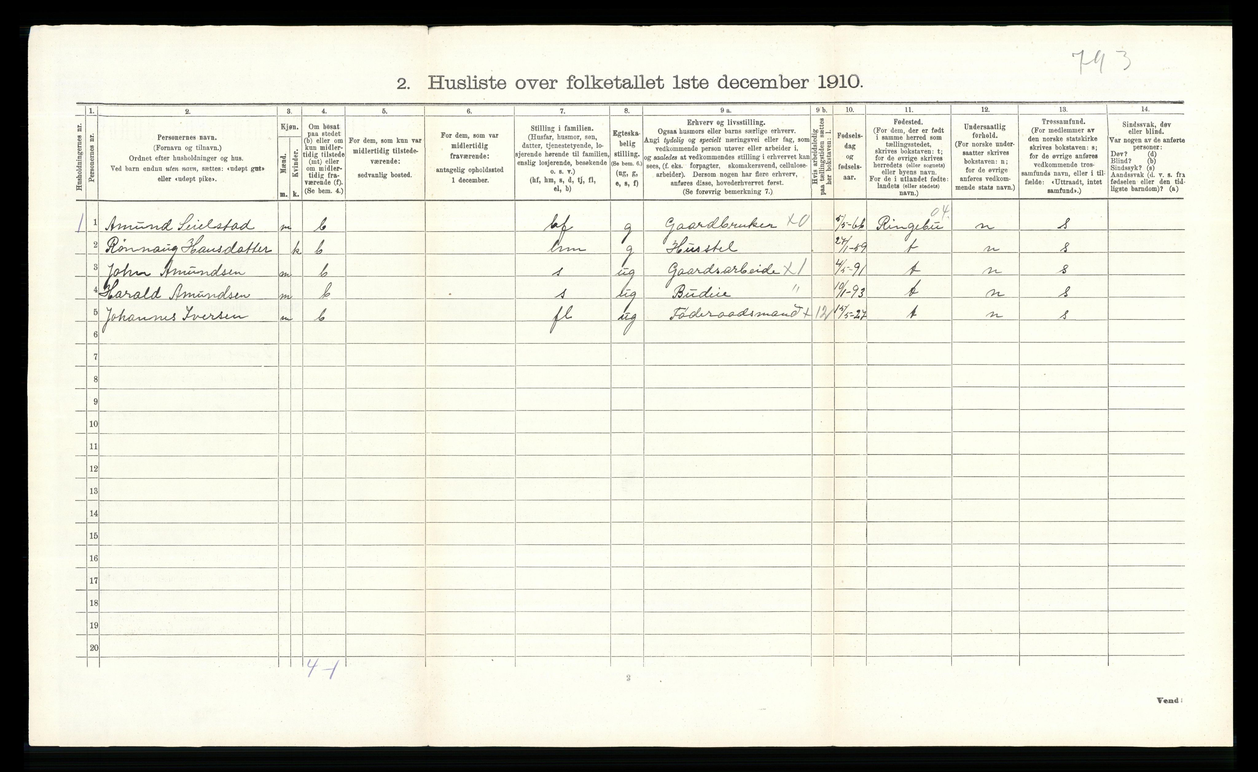 RA, Folketelling 1910 for 0519 Sør-Fron herred, 1910, s. 157