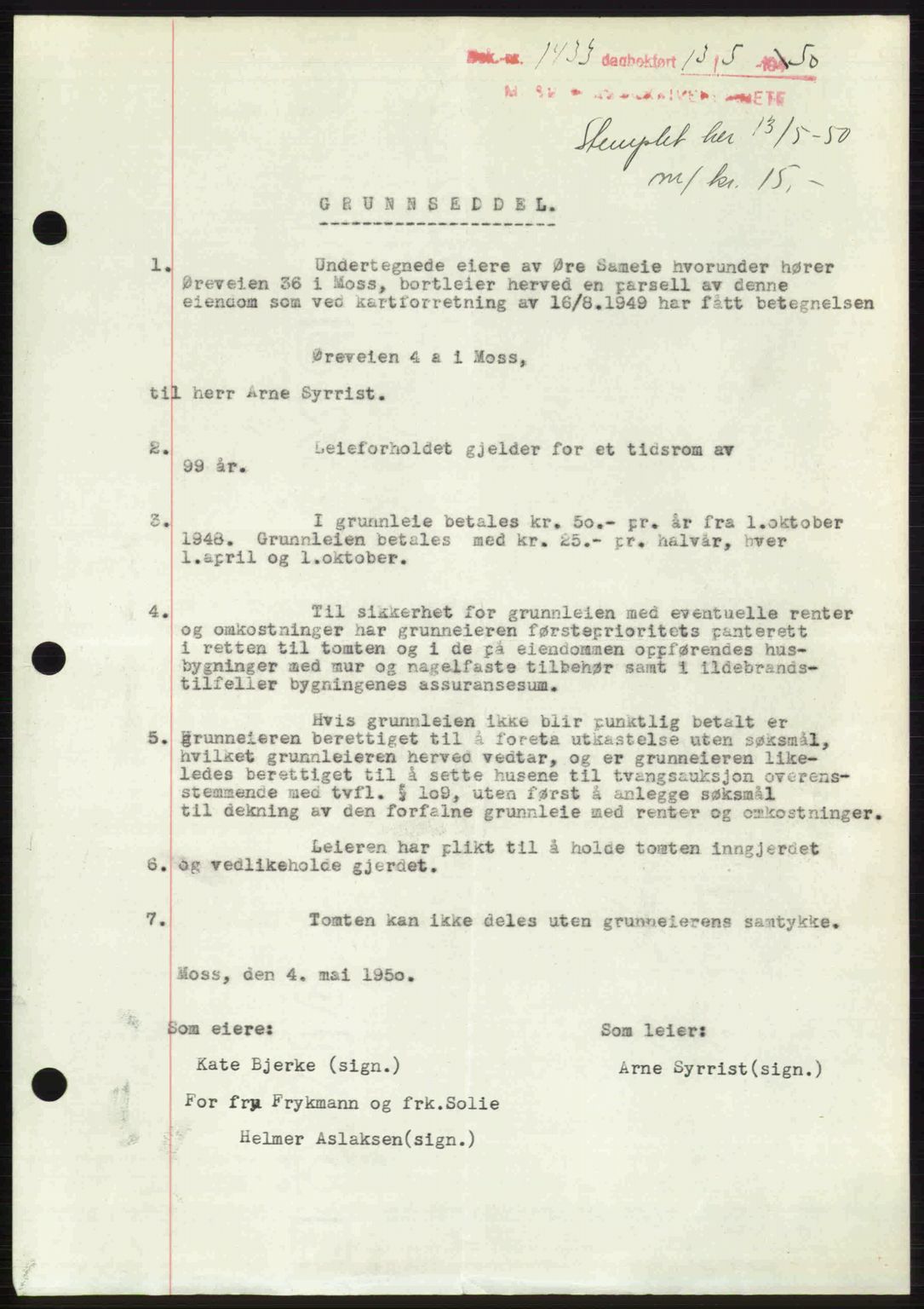 Moss sorenskriveri, SAO/A-10168: Pantebok nr. A26, 1950-1950, Dagboknr: 1433/1950