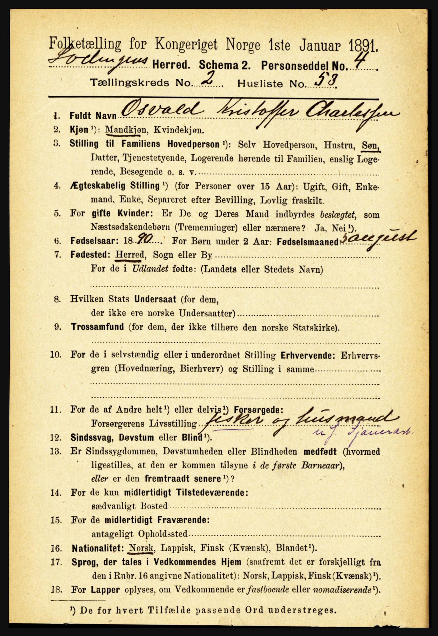 RA, Folketelling 1891 for 1851 Lødingen herred, 1891, s. 1091