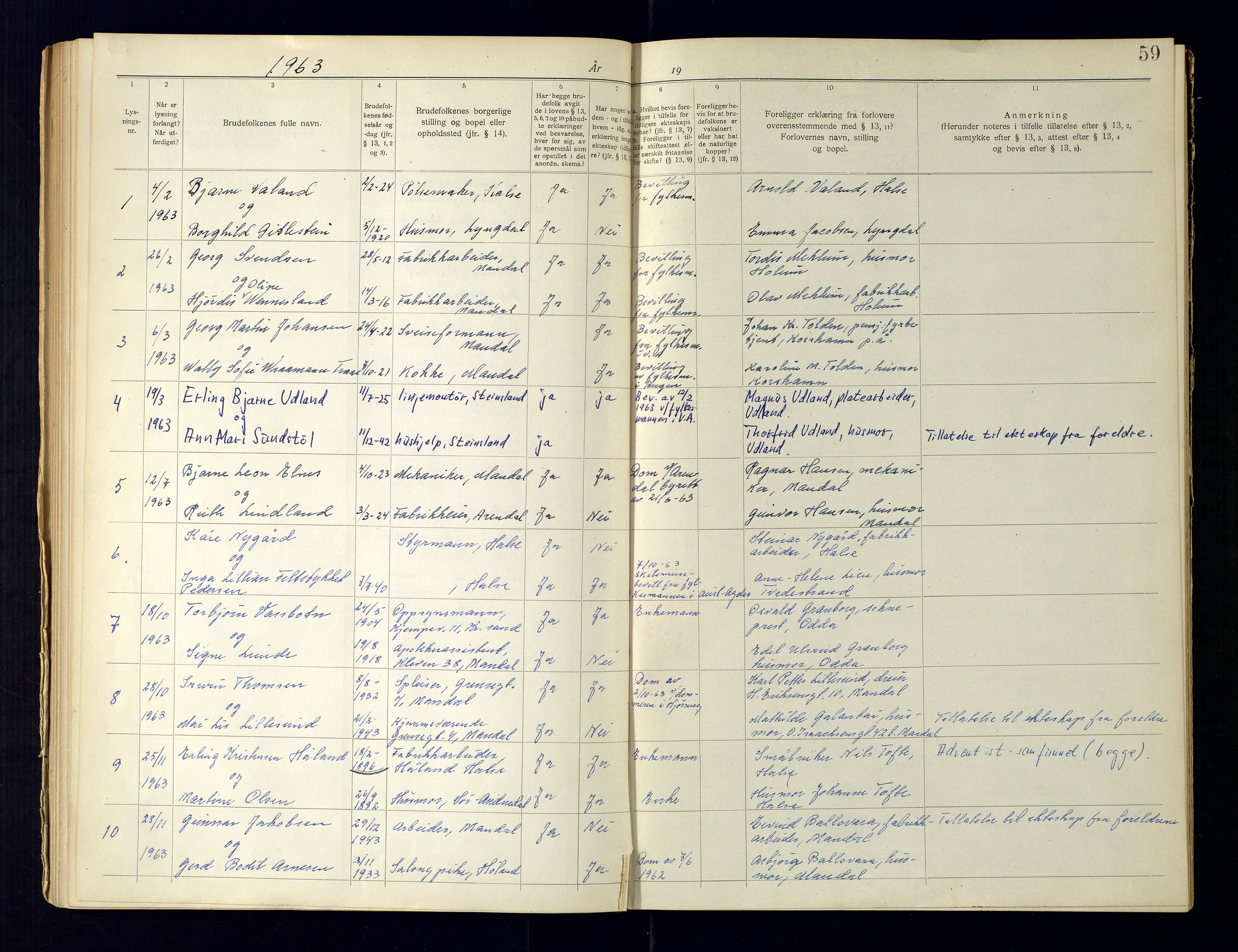 Mandal sorenskriveri, AV/SAK-1221-0005/002/L/L0275/0001: Lysingsbok Vigselbøker / Lysingsbok, 1919-1969, s. 59